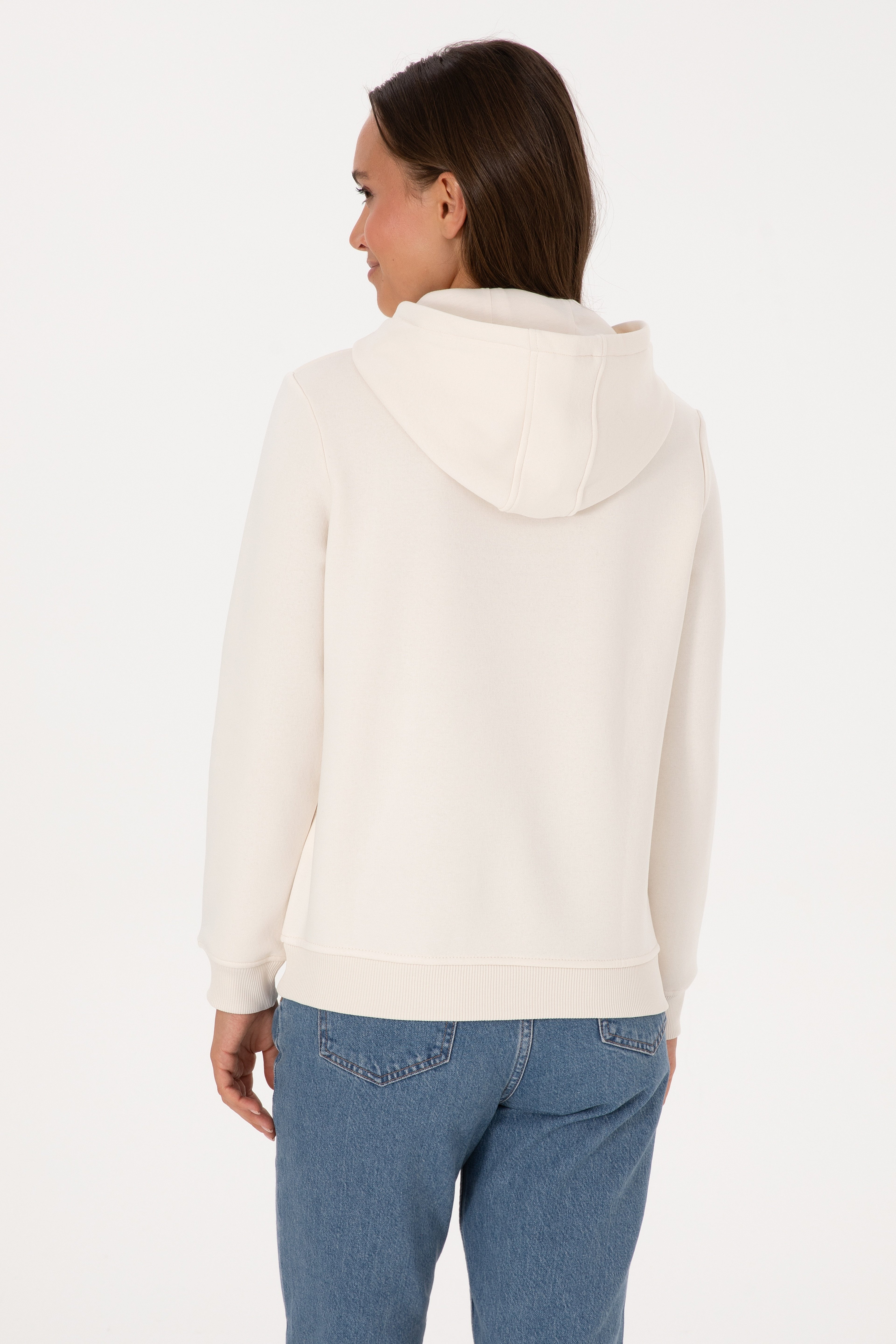 Kadın Krem Şardonlu Kapüşonlu Basic Sweatshirt