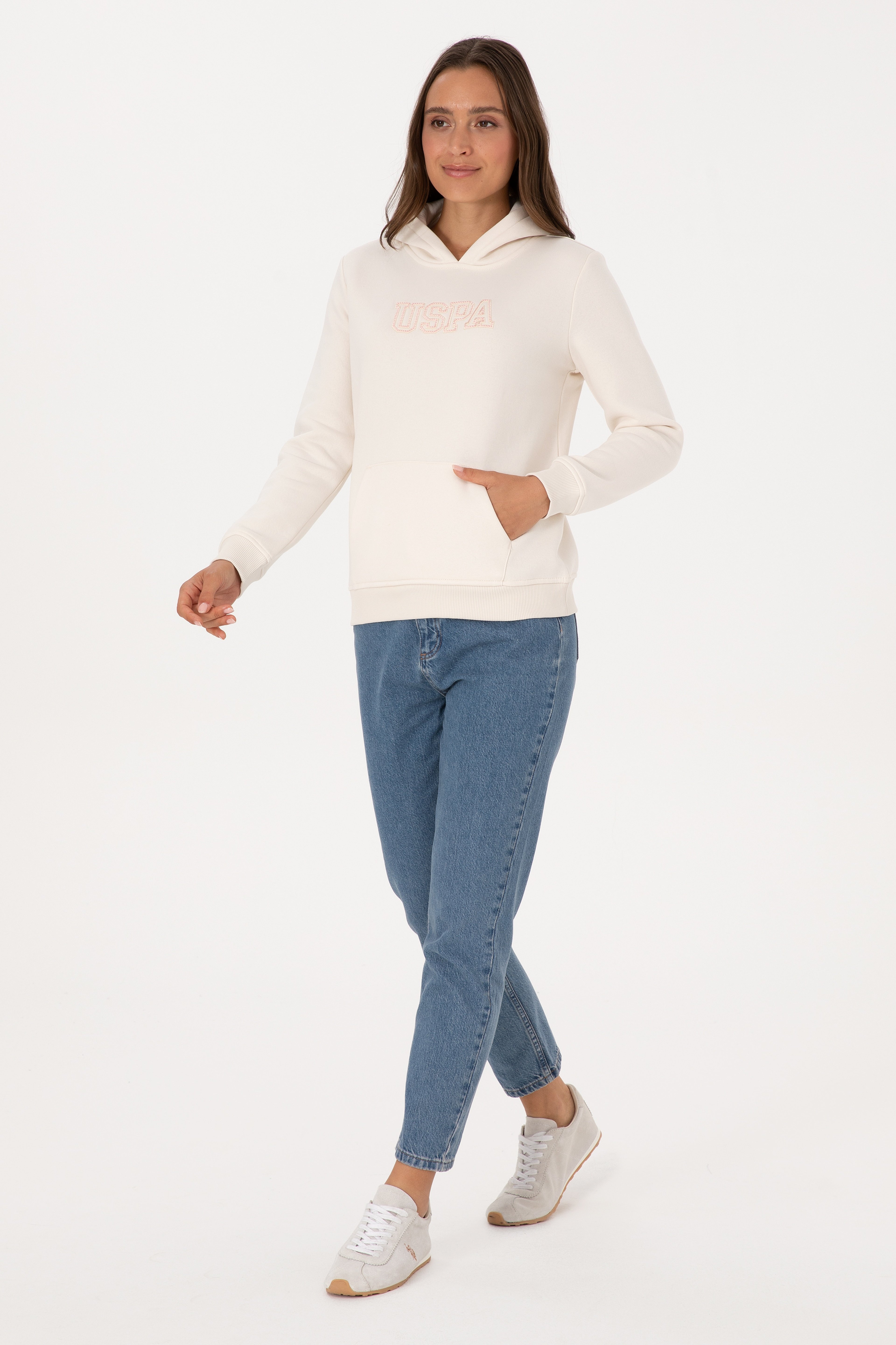 Kadın Krem Şardonlu Kapüşonlu Basic Sweatshirt - Image 4