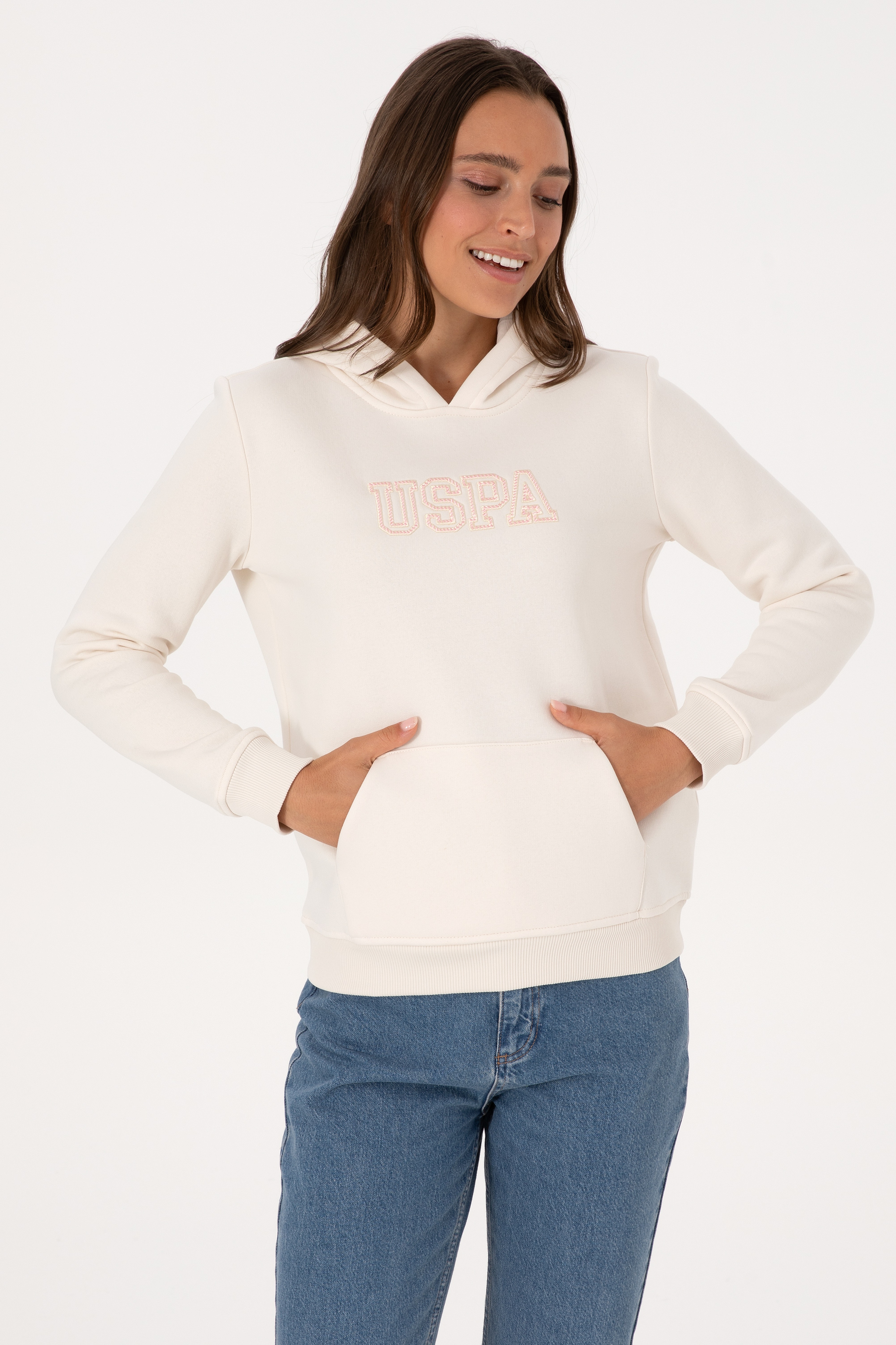 Kadın Krem Şardonlu Kapüşonlu Basic Sweatshirt - Image 3