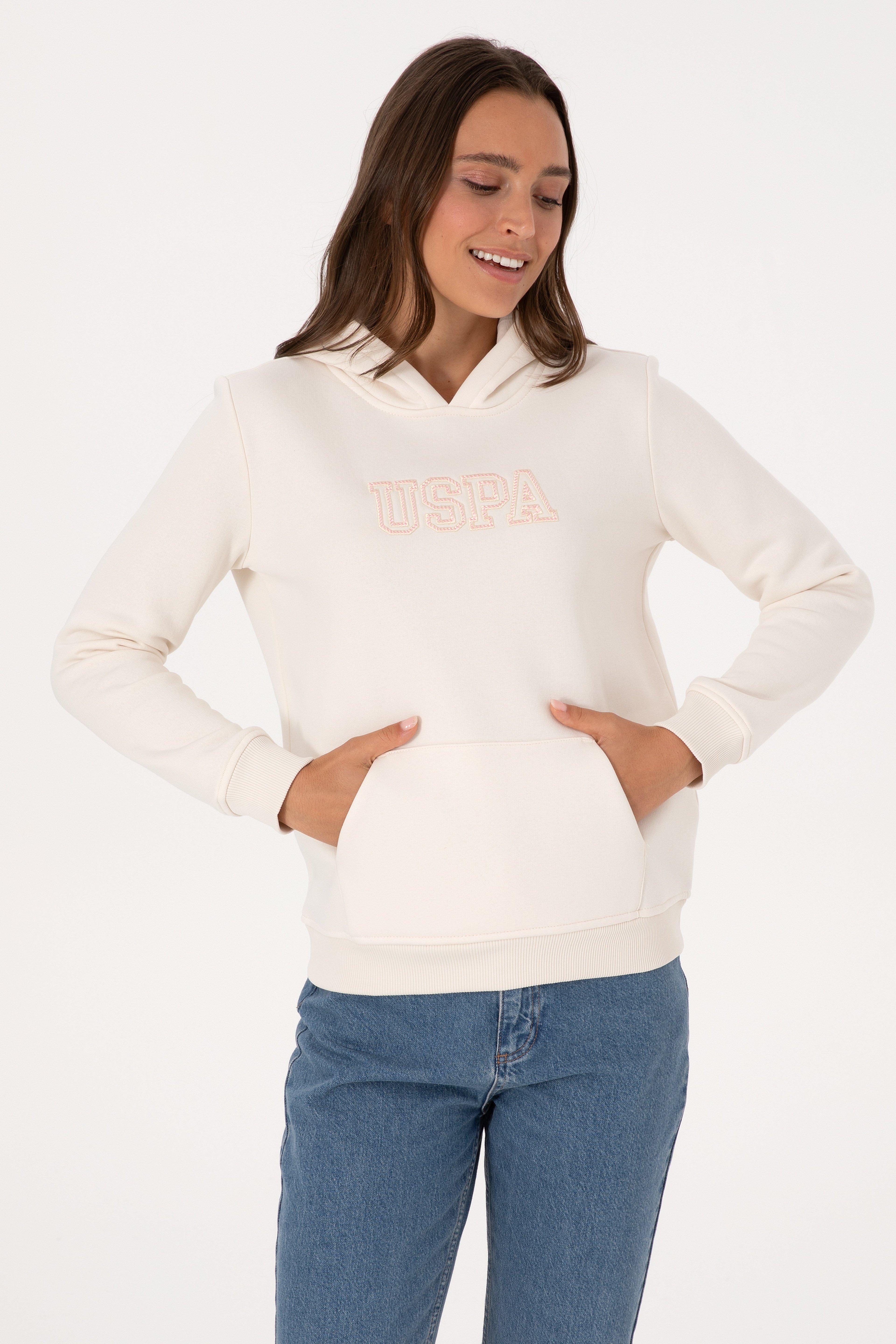 Kadın Krem Şardonlu Kapüşonlu Basic Sweatshirt