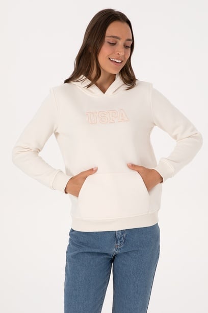 Kadın Krem Şardonlu Kapüşonlu Basic Sweatshirt