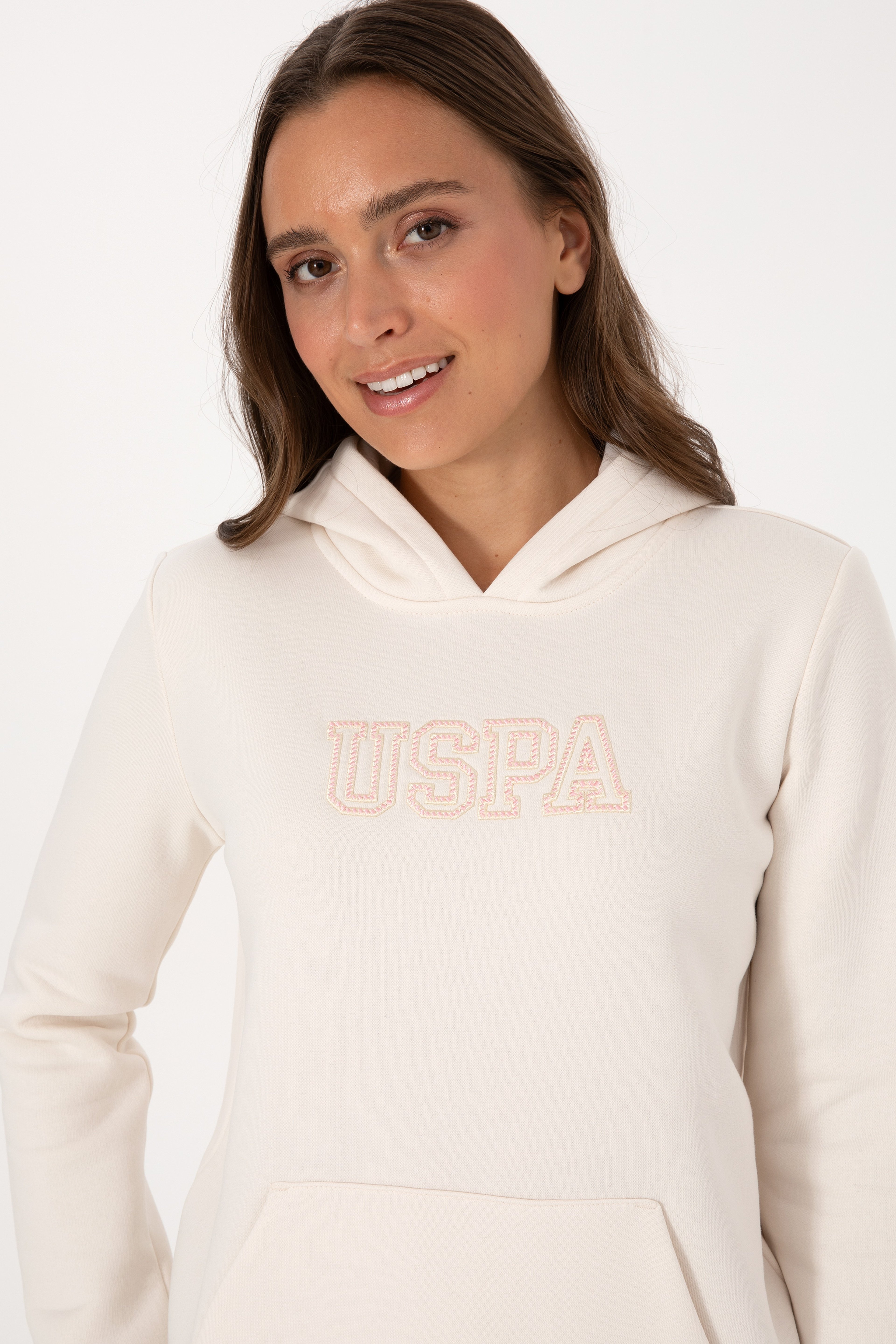 Kadın Krem Şardonlu Kapüşonlu Basic Sweatshirt - Image 2
