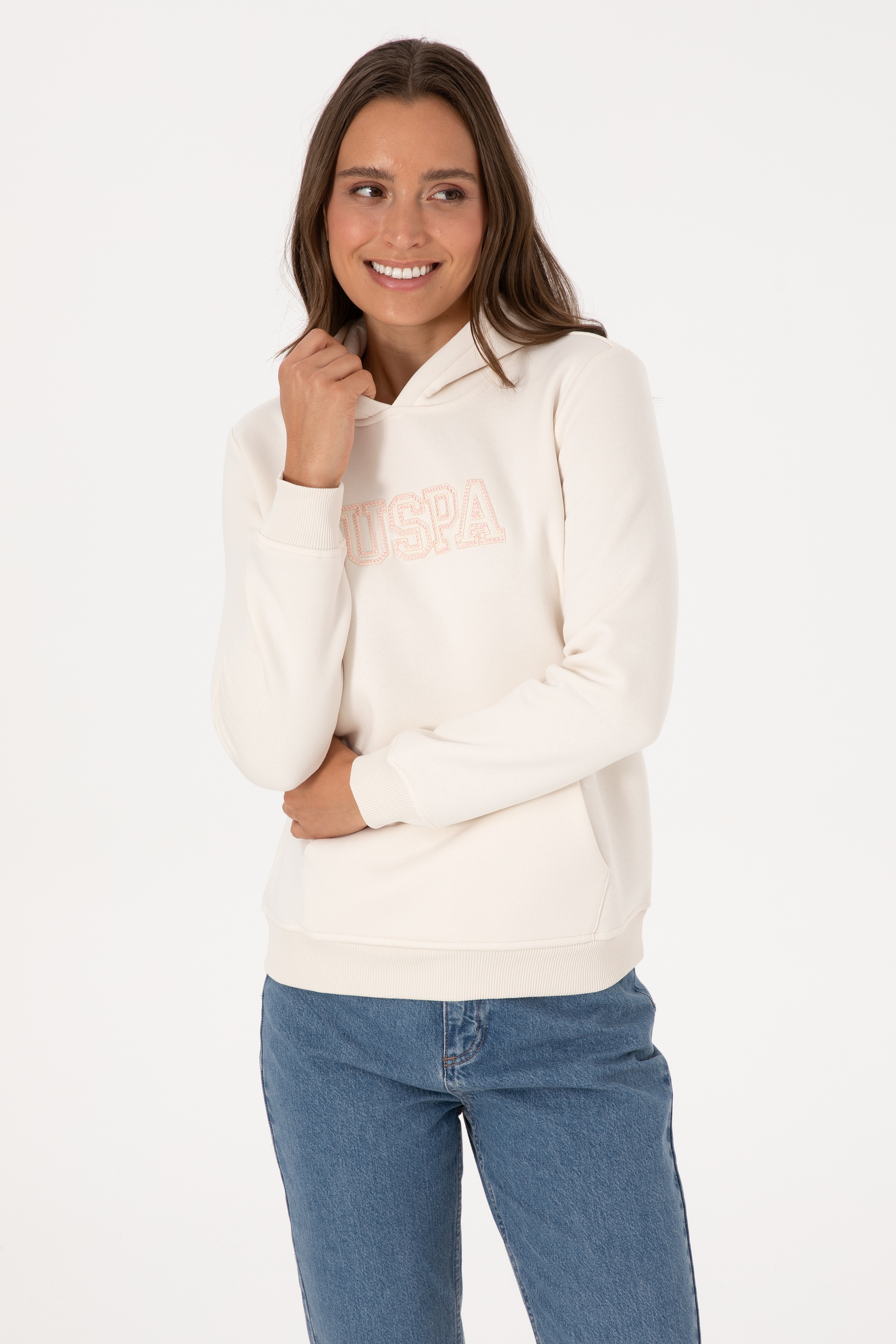 Kadın Krem Şardonlu Kapüşonlu Basic Sweatshirt - Image 1