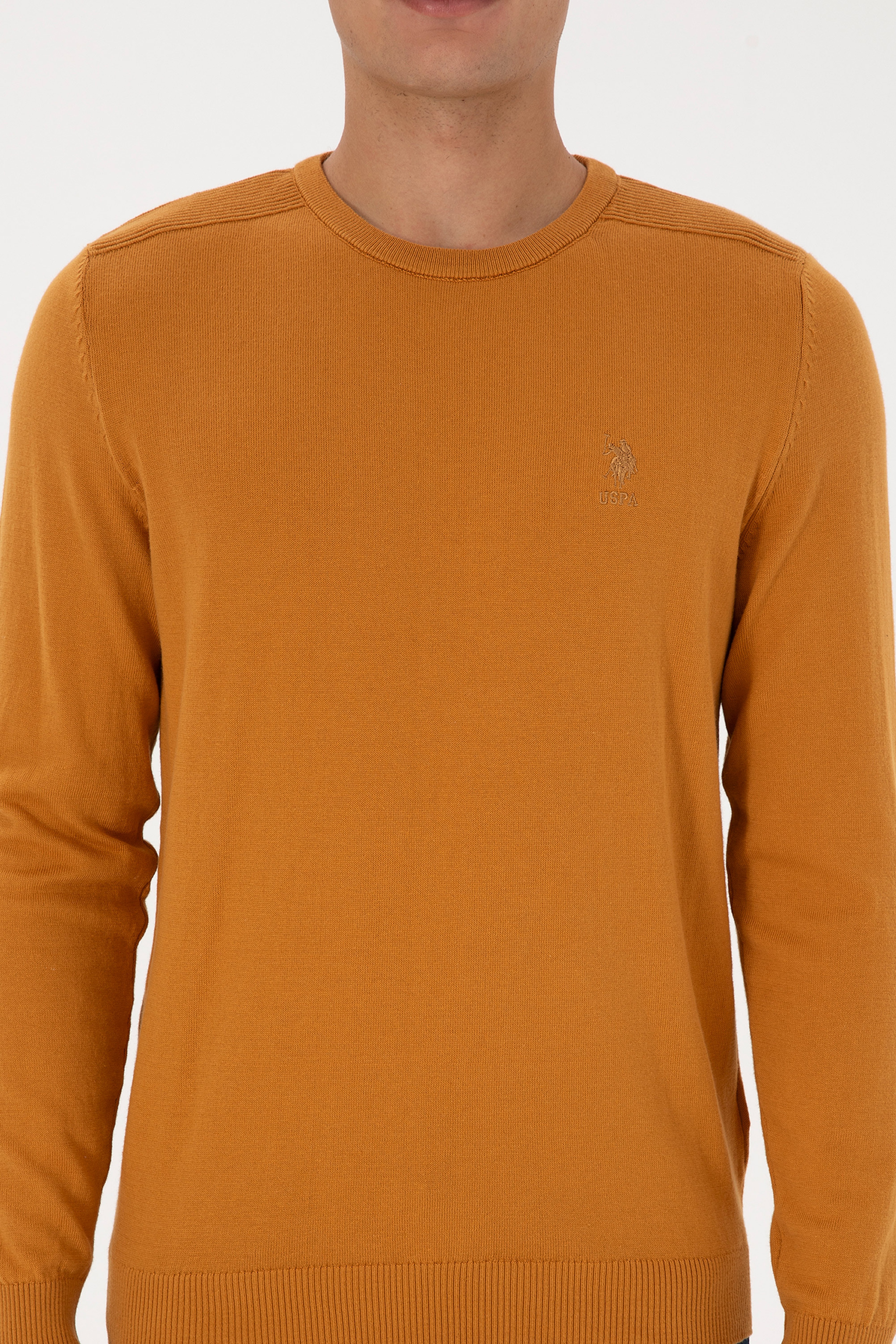 Erkek Slim Fit Bisiklet Yaka Hardal Basic Kazak - Image 6