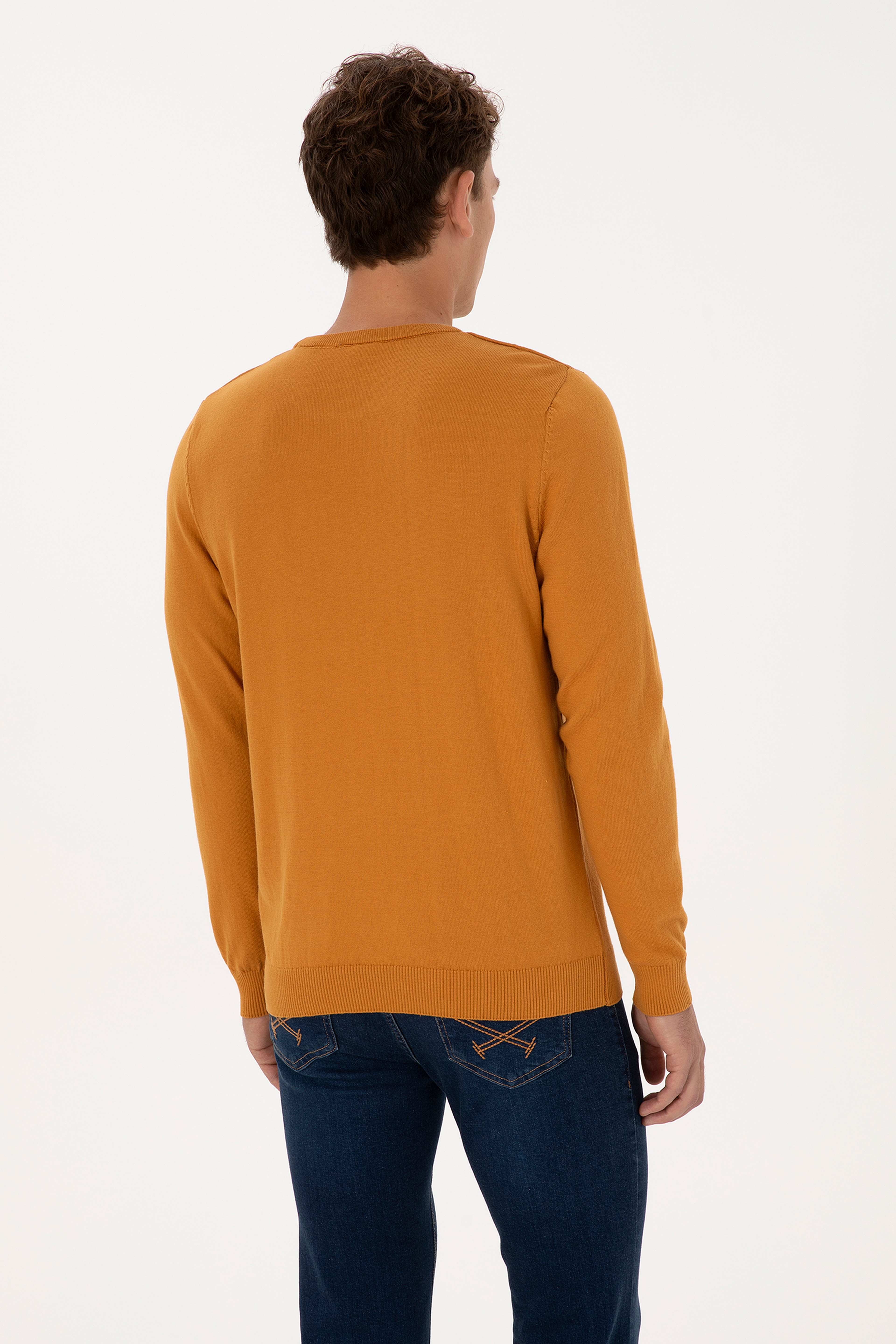 Erkek Slim Fit Bisiklet Yaka Hardal Basic Kazak