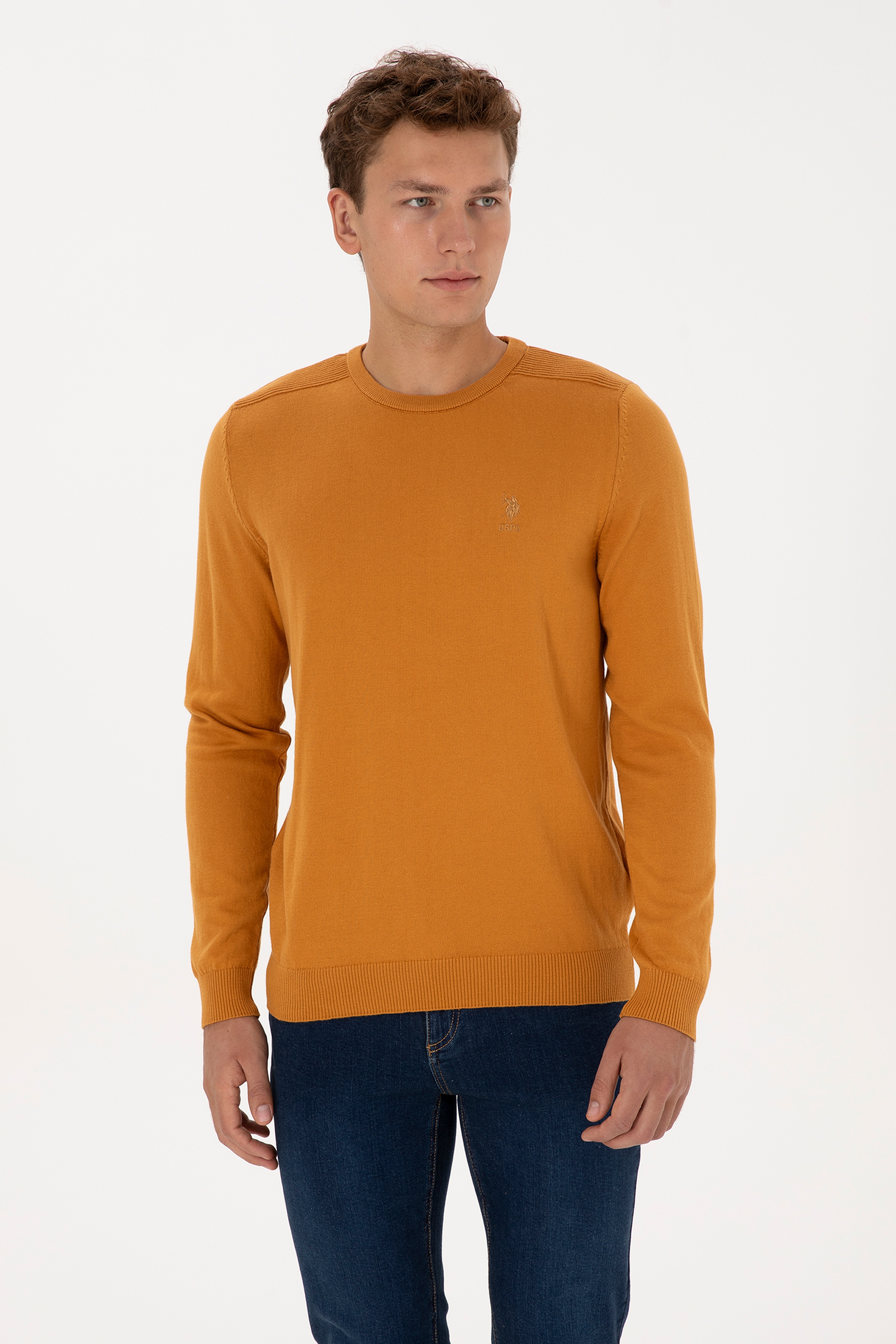 Erkek Slim Fit Bisiklet Yaka Hardal Basic Kazak - Image 3