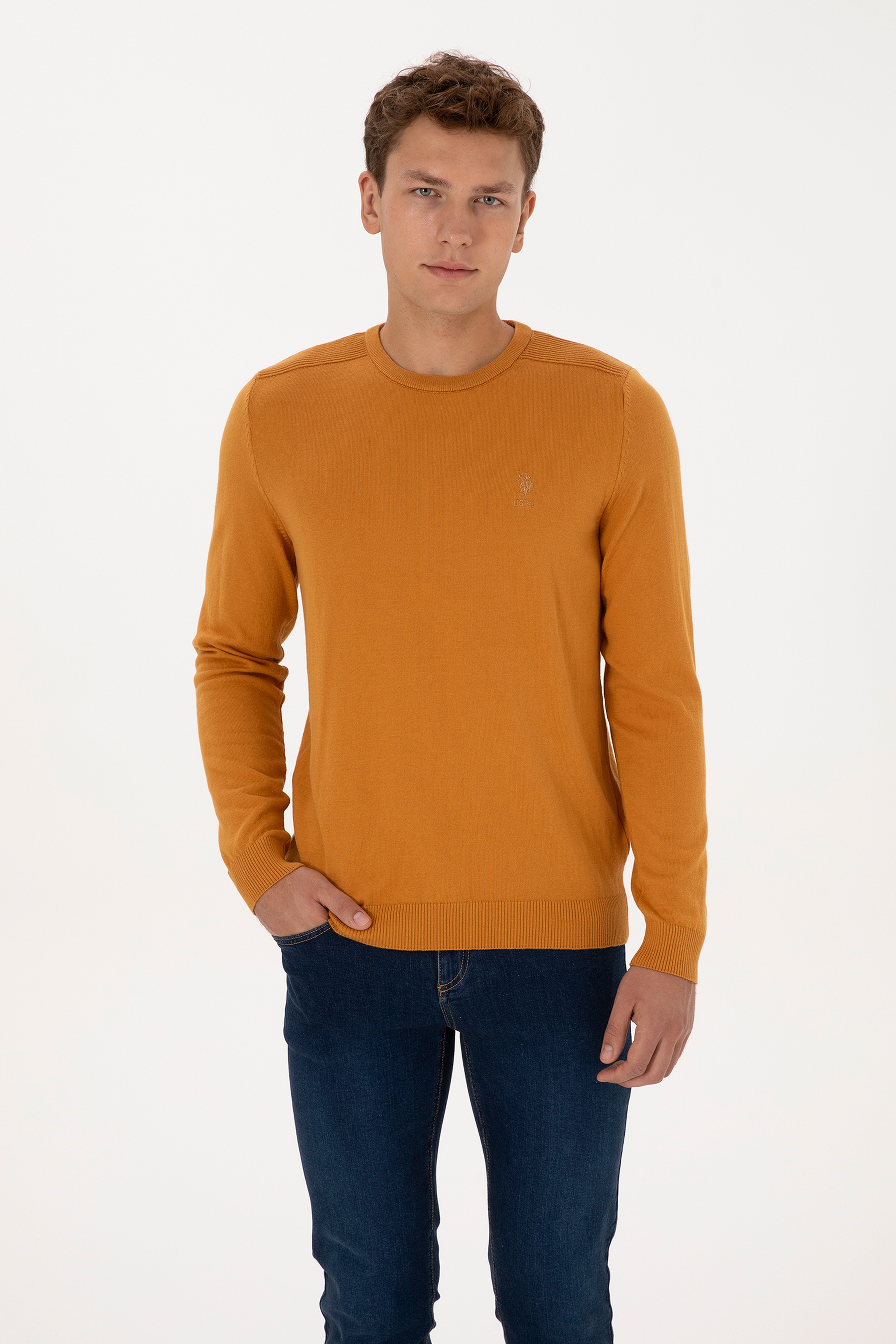 Erkek Slim Fit Bisiklet Yaka Hardal Basic Kazak - Image 1