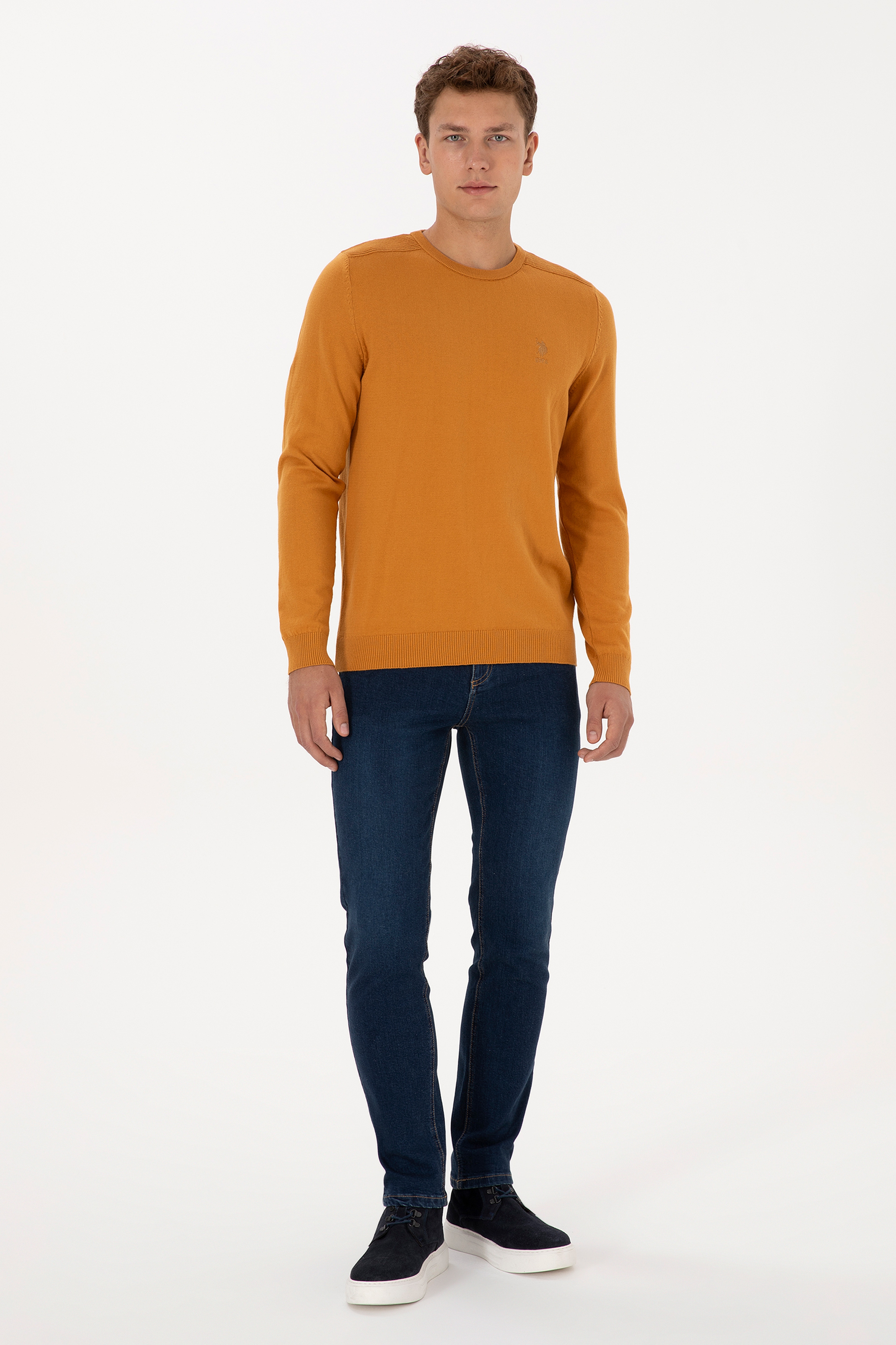 Erkek Slim Fit Bisiklet Yaka Hardal Basic Kazak - Image 4
