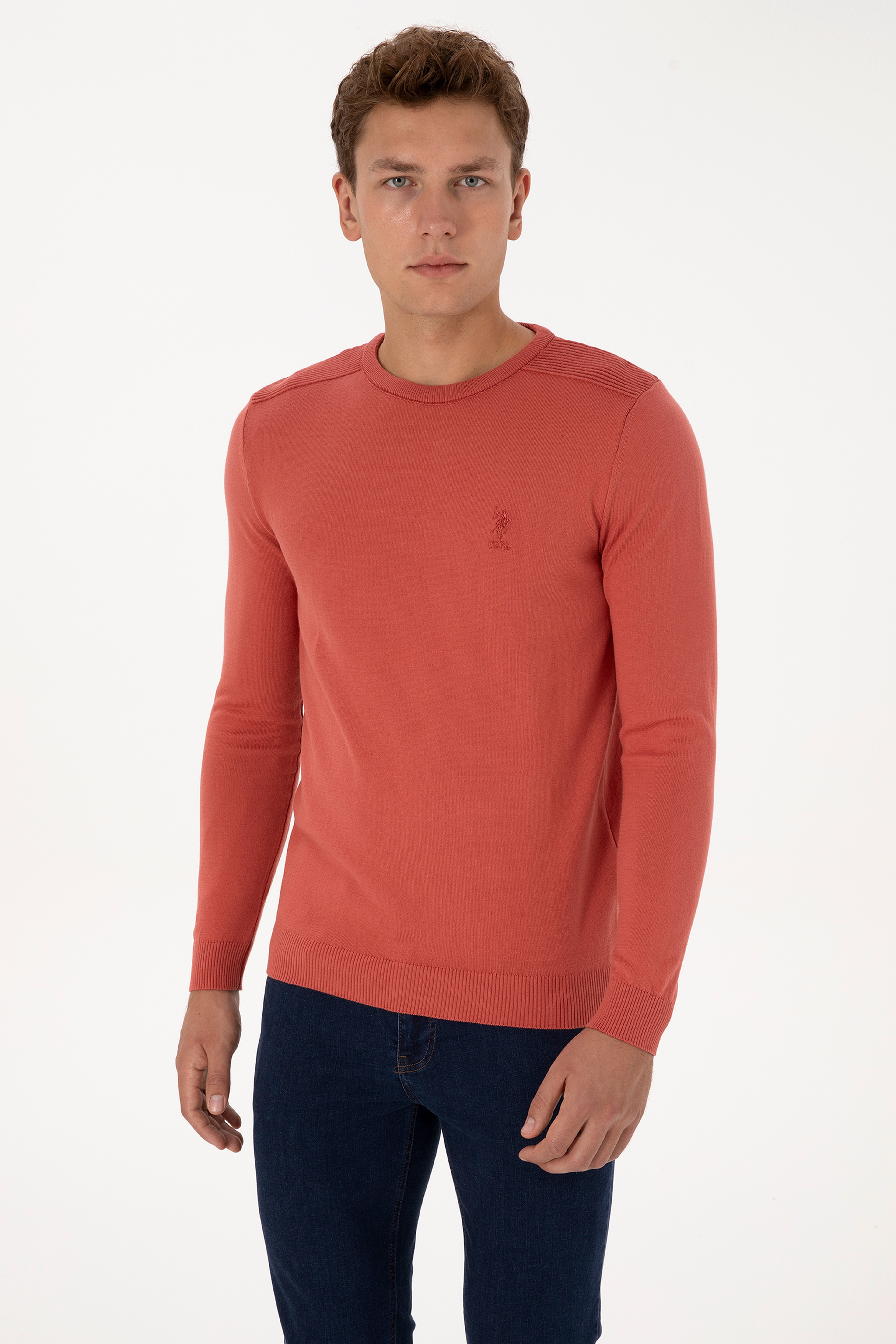 Erkek Slim Fit Bisiklet Yaka Gül Kurusu Basic Kazak