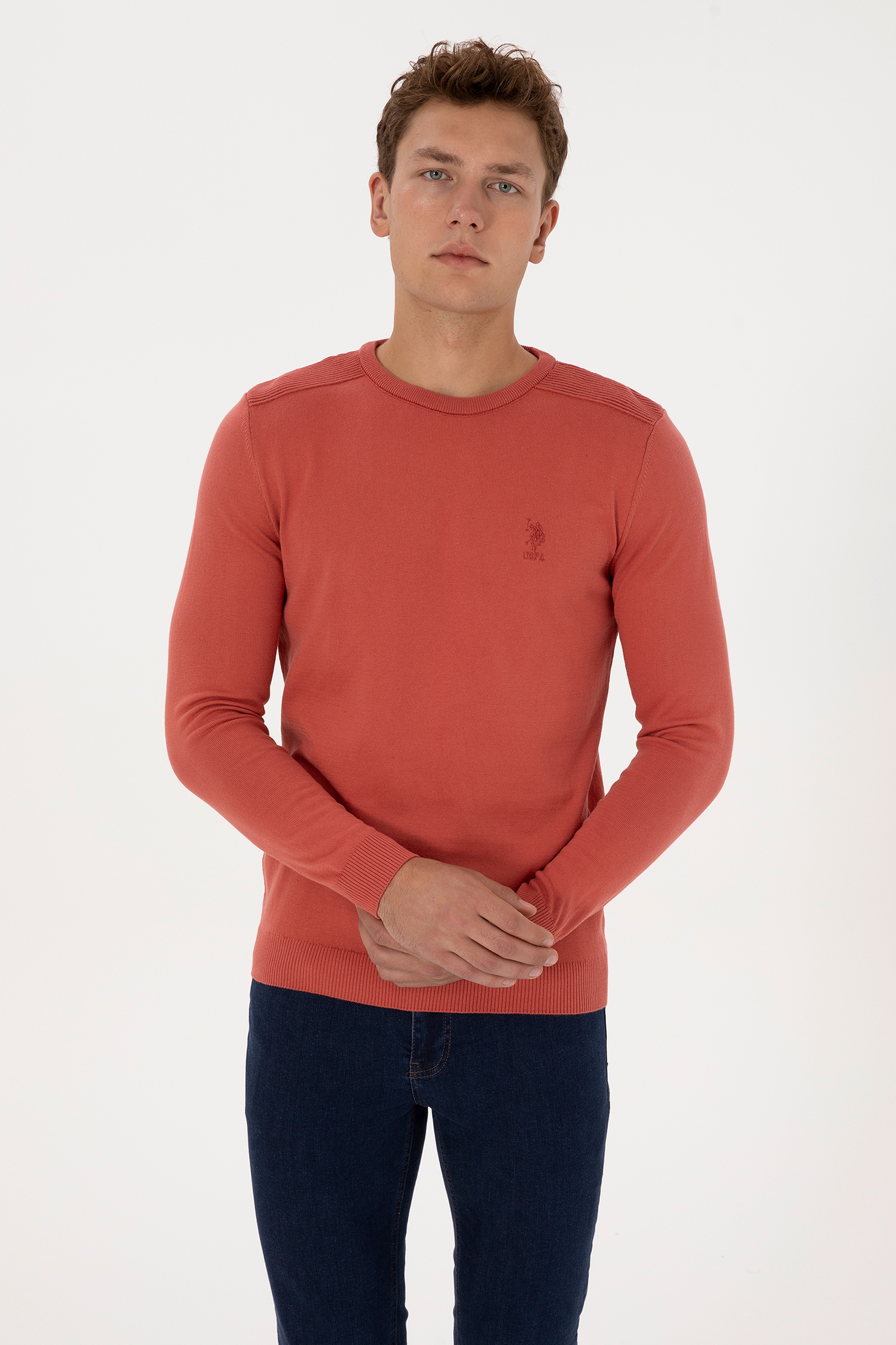 Erkek Slim Fit Bisiklet Yaka Gül Kurusu Basic Kazak - Image 3