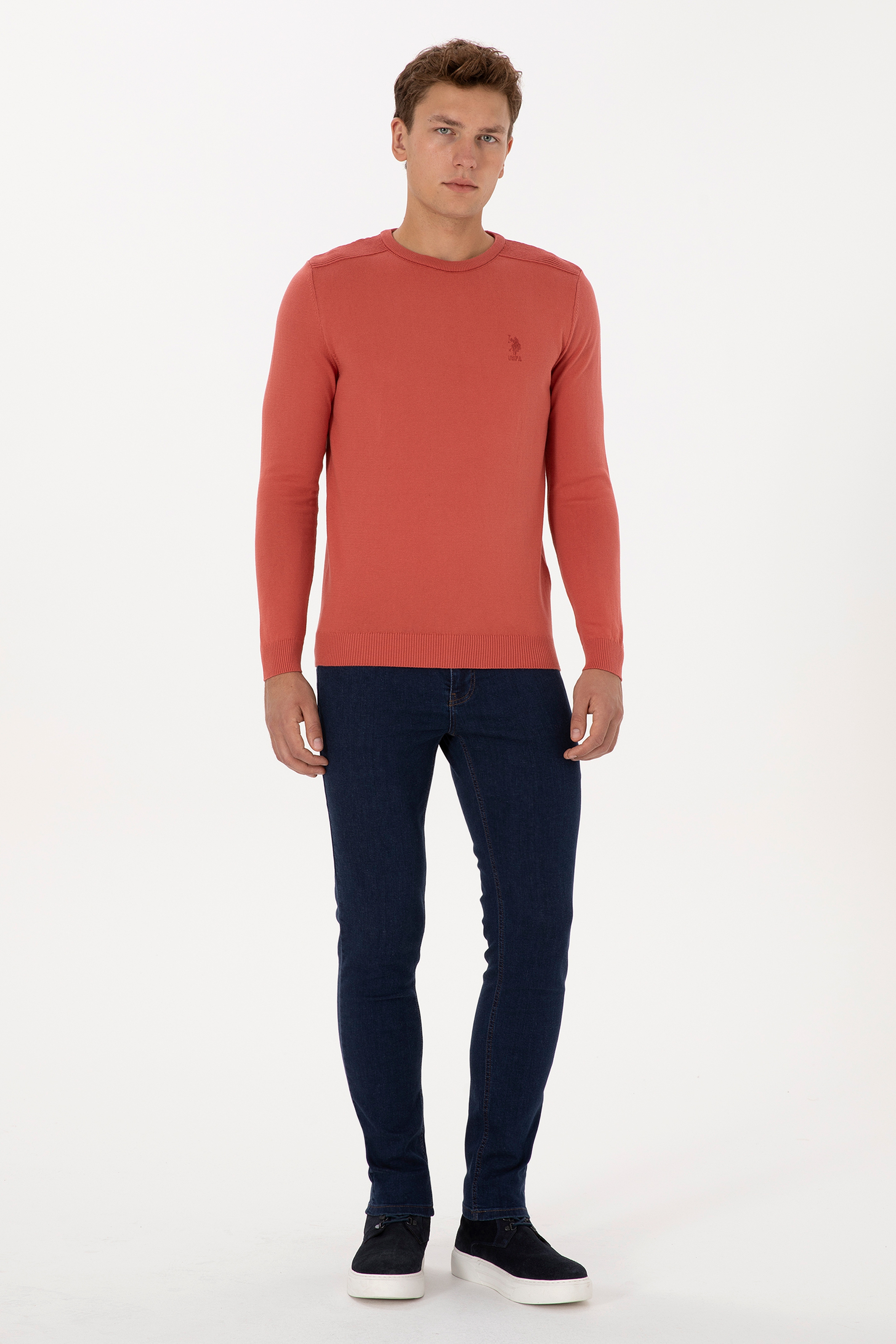 Erkek Slim Fit Bisiklet Yaka Gül Kurusu Basic Kazak