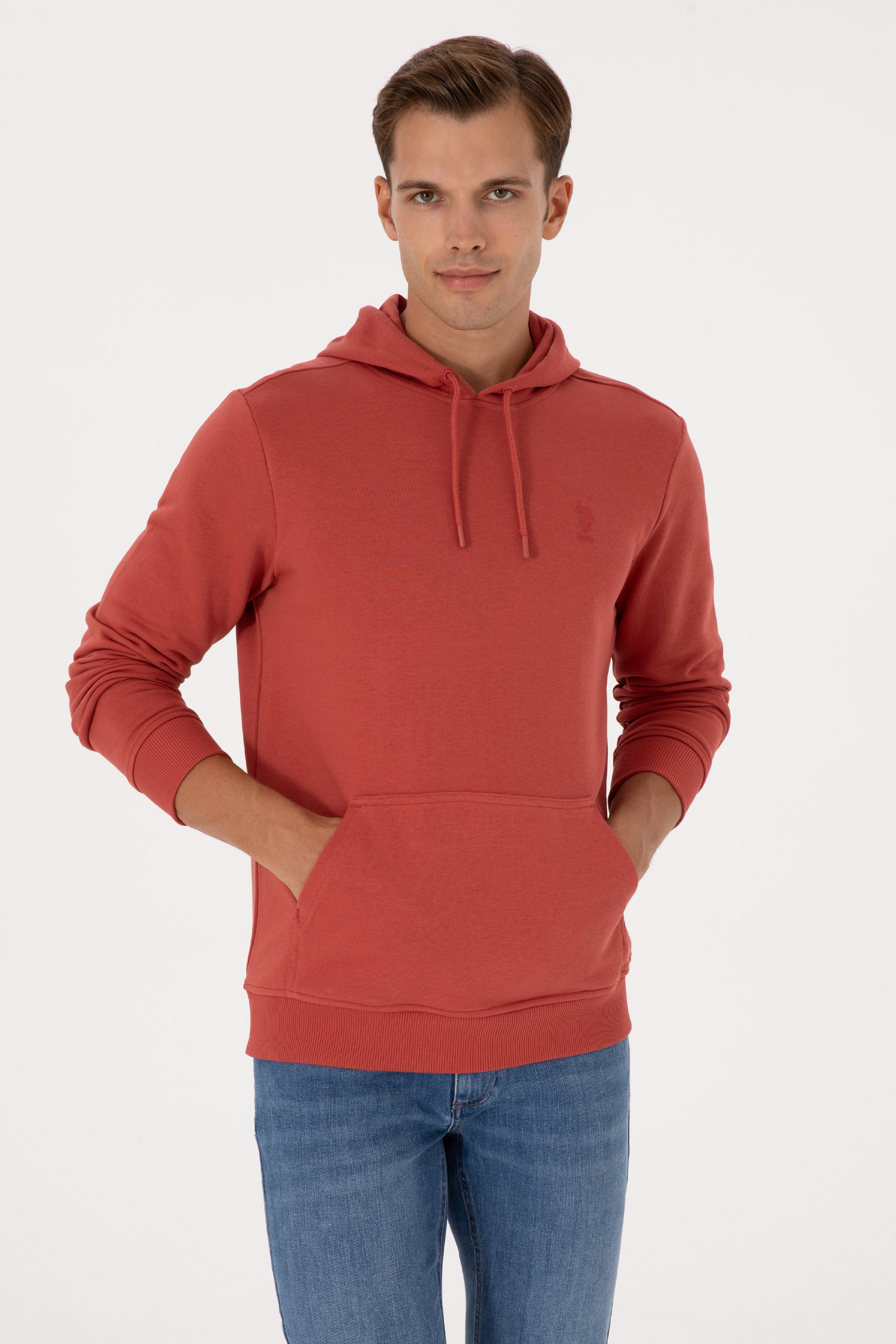 Erkek Regular Fit Kapüşonlu Gül Kurusu Basic Sweatshirt