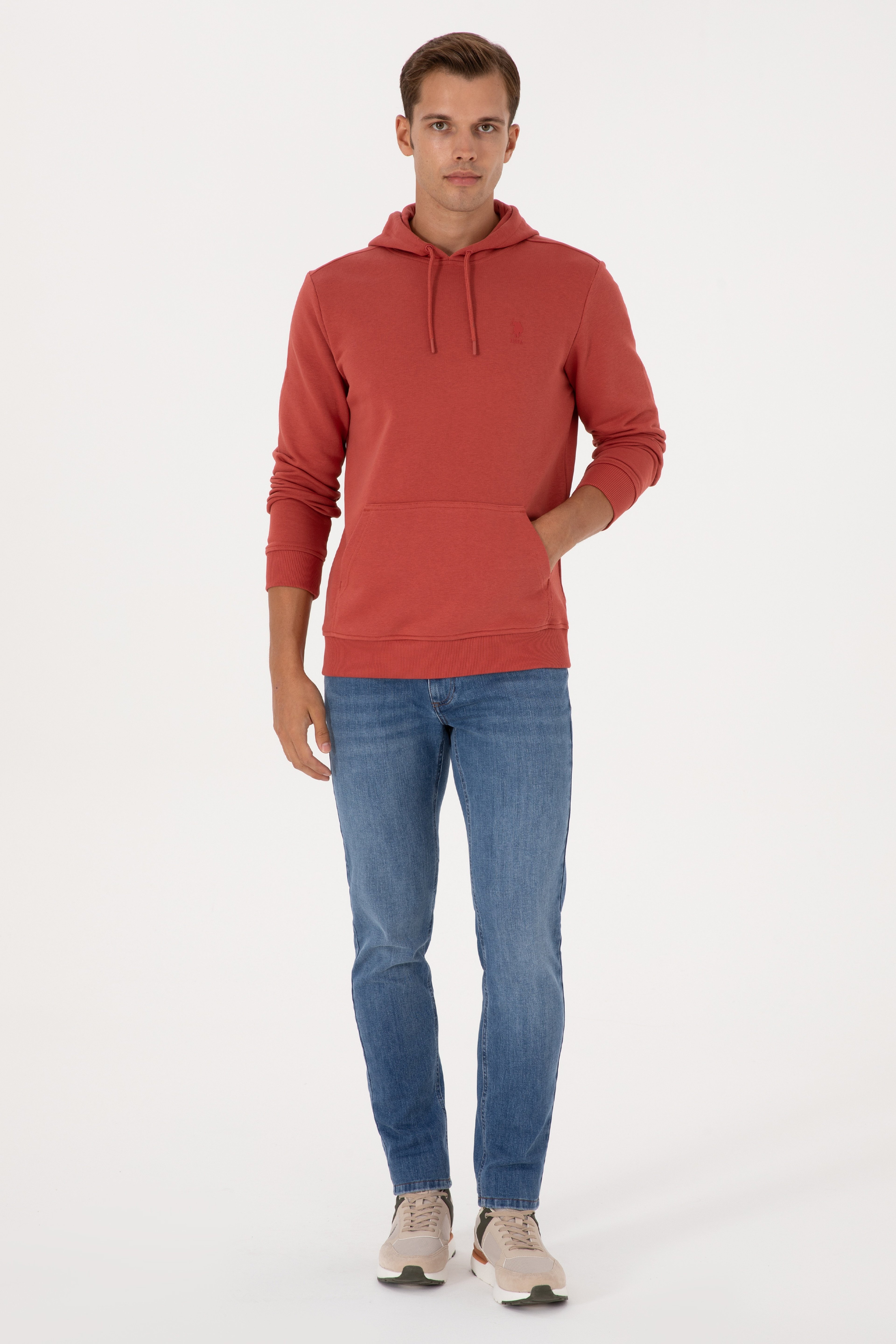 Erkek Regular Fit Kapüşonlu Gül Kurusu Basic Sweatshirt