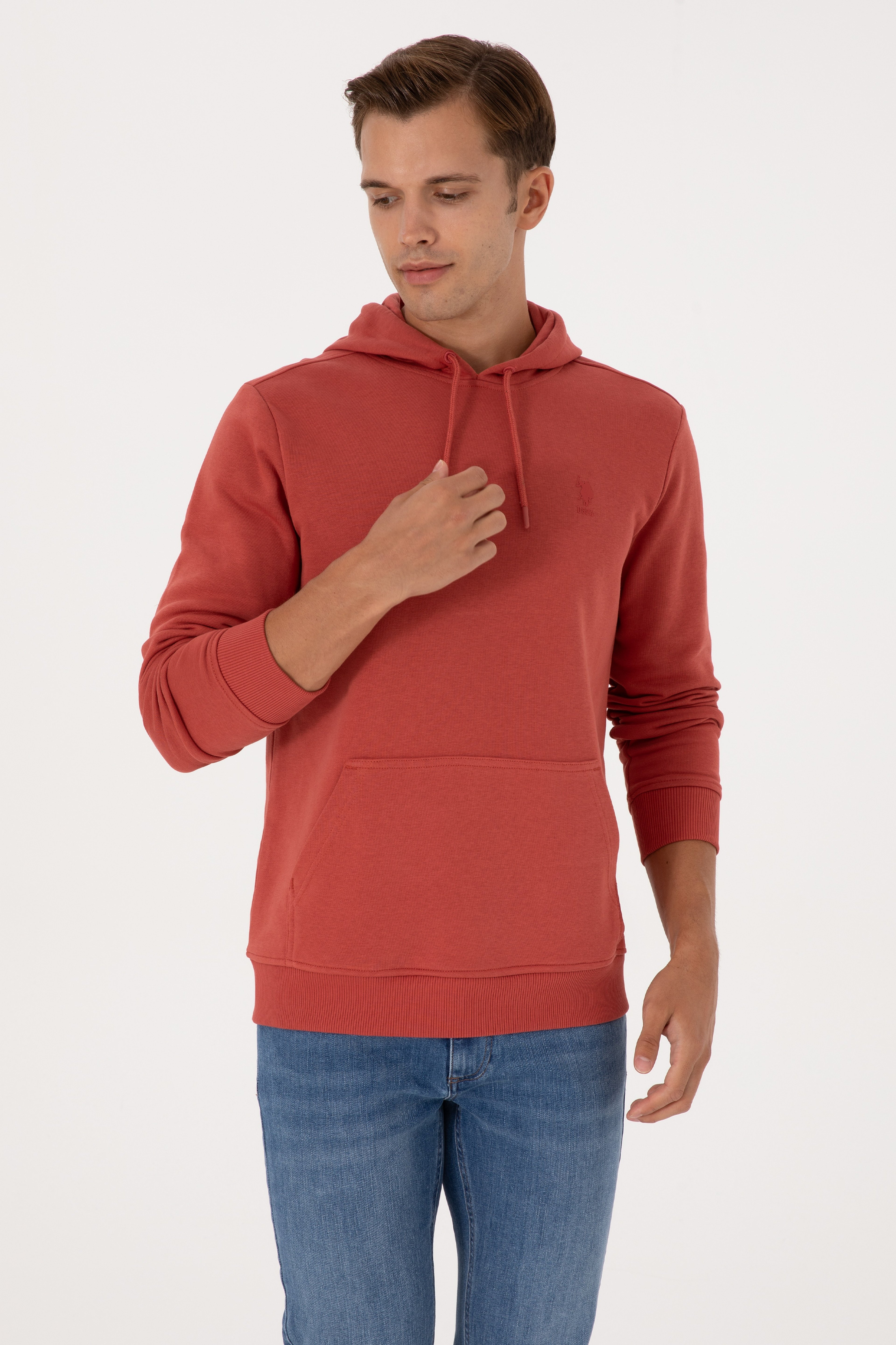 Erkek Regular Fit Kapüşonlu Gül Kurusu Basic Sweatshirt