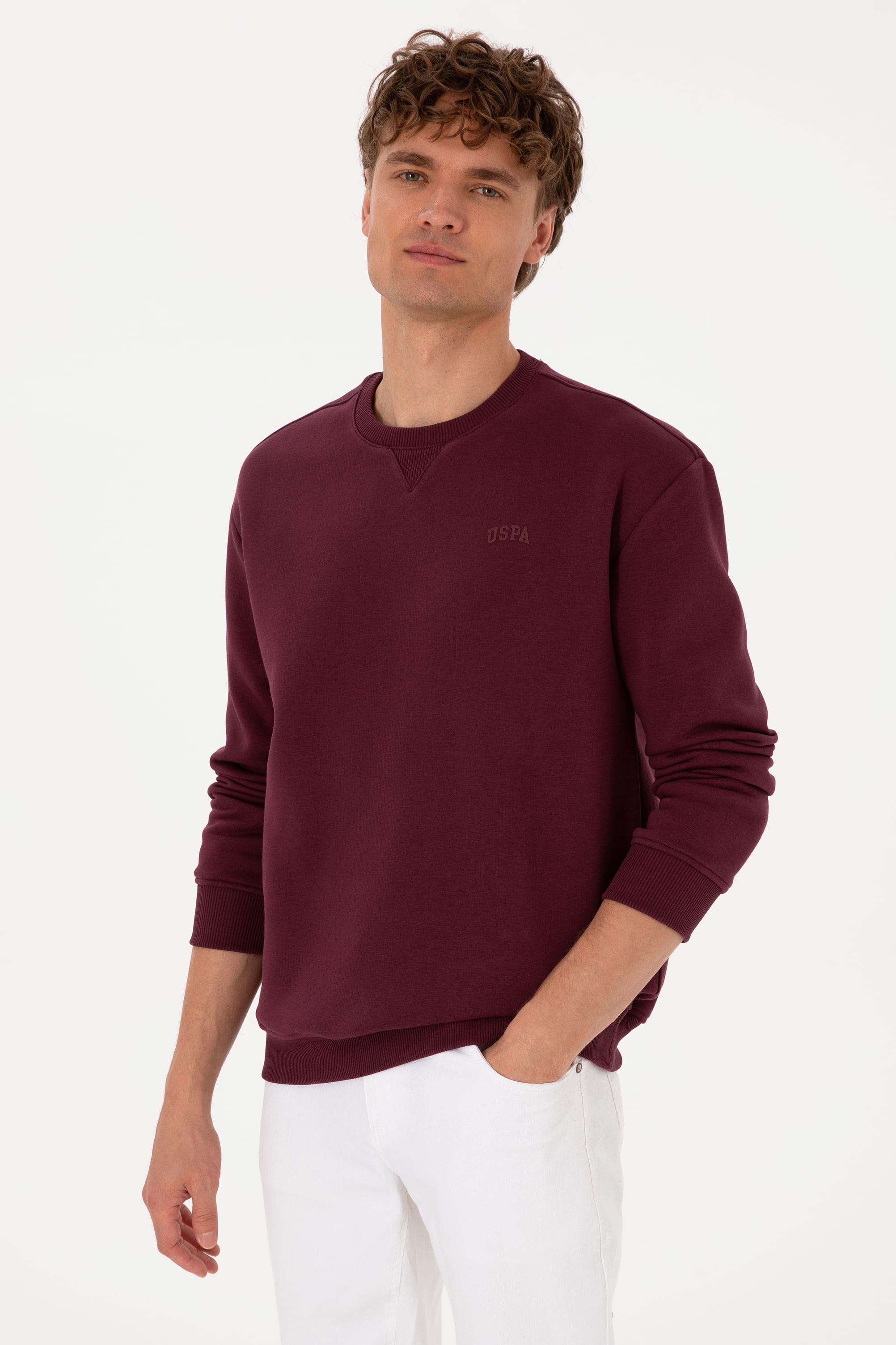 Erkek Comfort Fit Bisiklet Yaka Şardonlu Bordo Basic Sweatshirt