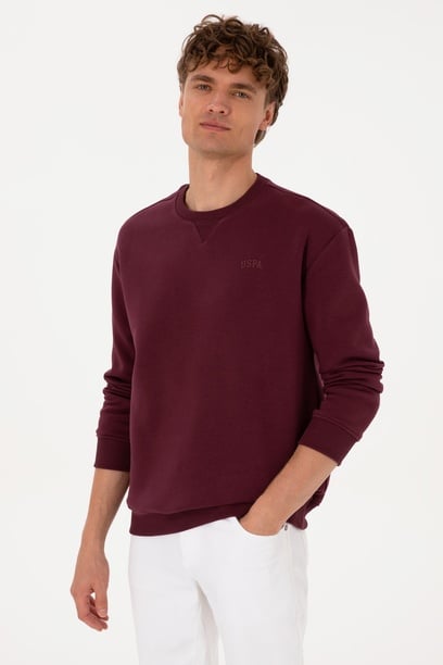 Erkek Comfort Fit Bisiklet Yaka Şardonlu Bordo Basic Sweatshirt