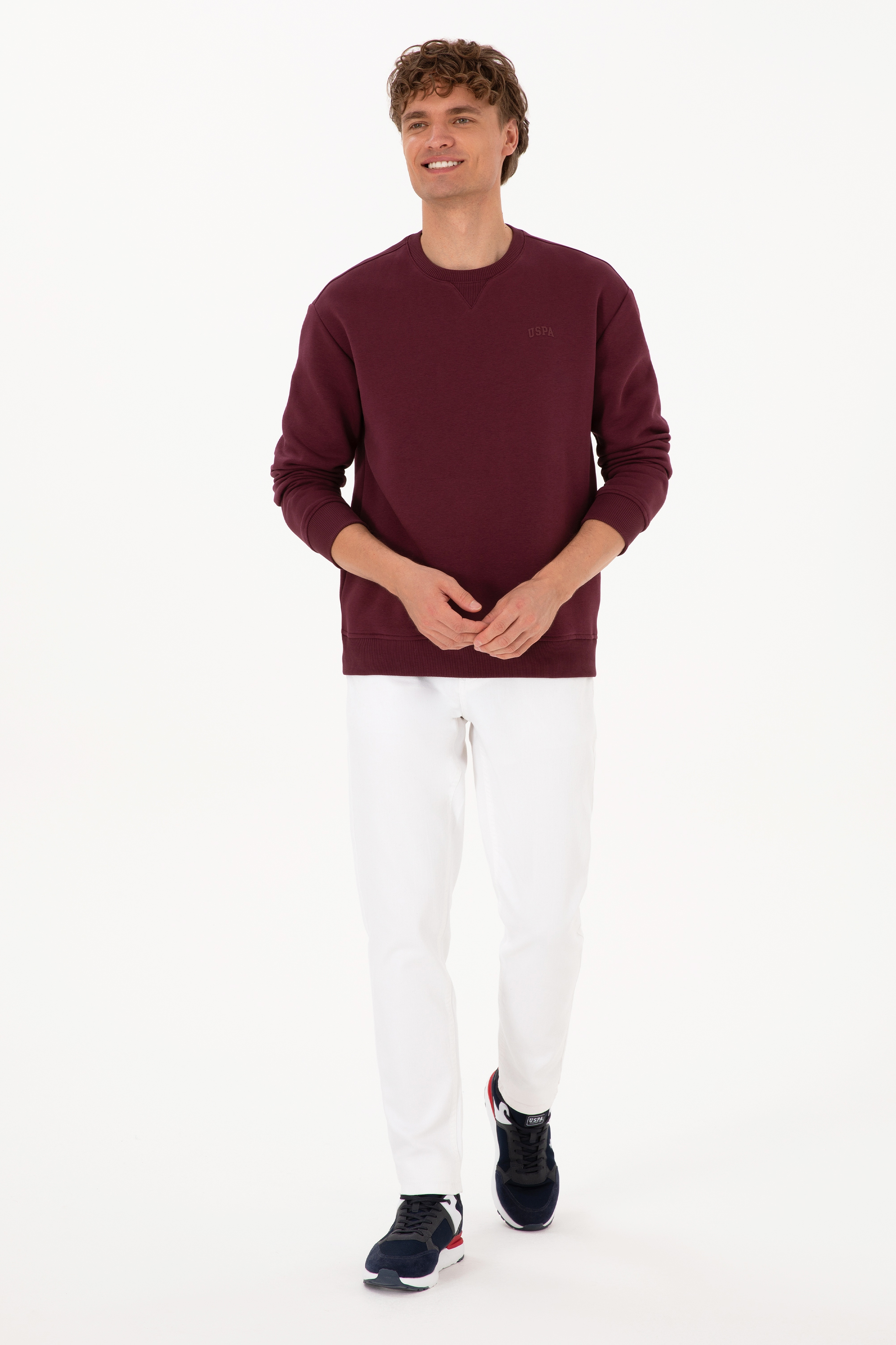 Erkek Comfort Fit Bisiklet Yaka Şardonlu Bordo Basic Sweatshirt - Image 4