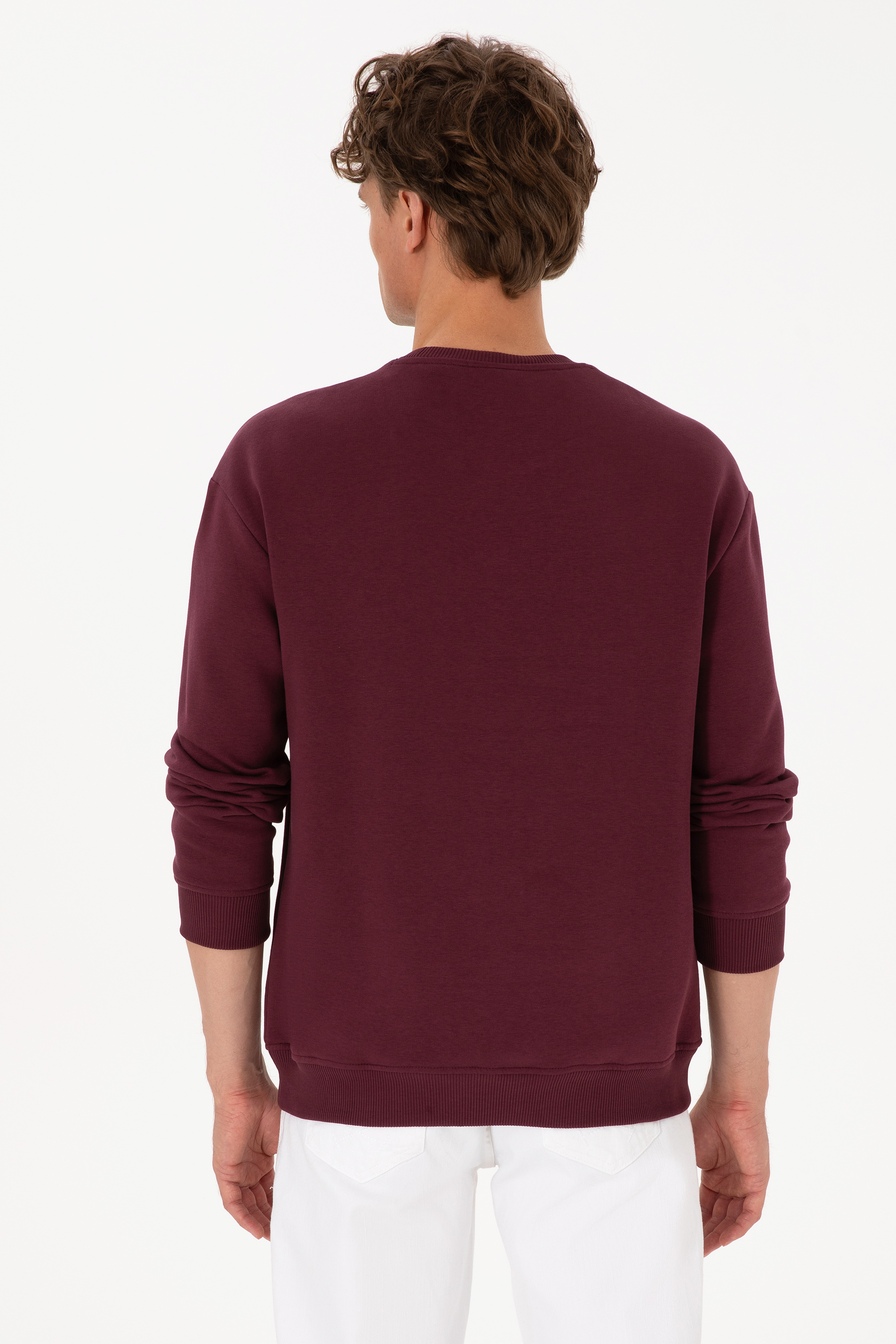 Erkek Comfort Fit Bisiklet Yaka Şardonlu Bordo Basic Sweatshirt - Image 5