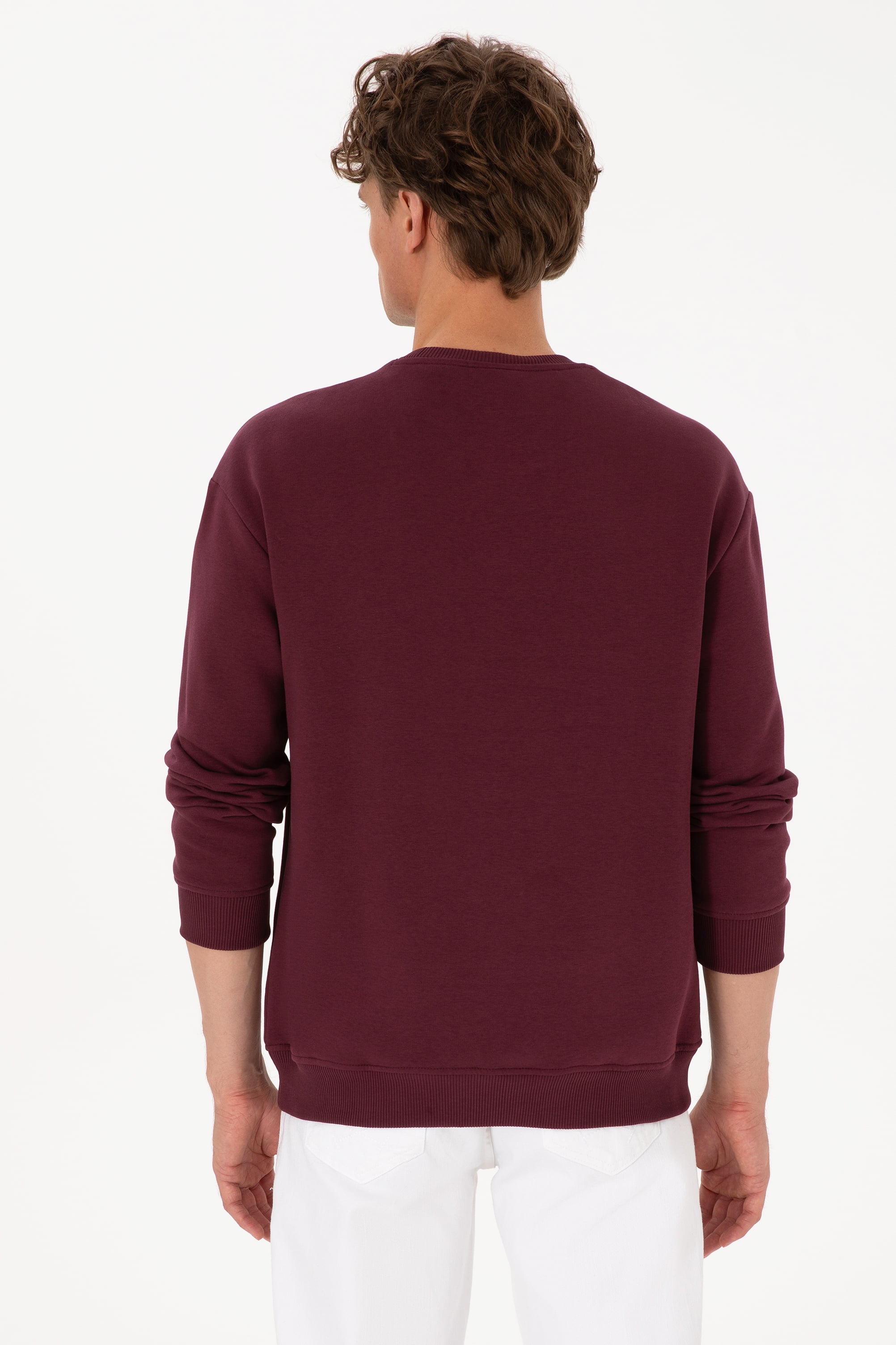 Erkek Comfort Fit Bisiklet Yaka Şardonlu Bordo Basic Sweatshirt