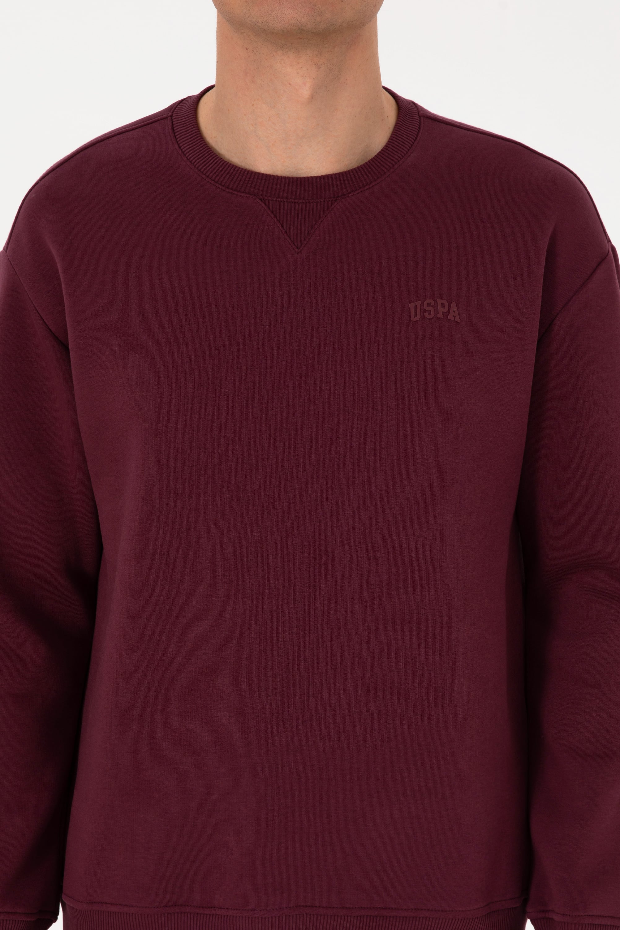 Erkek Comfort Fit Bisiklet Yaka Şardonlu Bordo Basic Sweatshirt