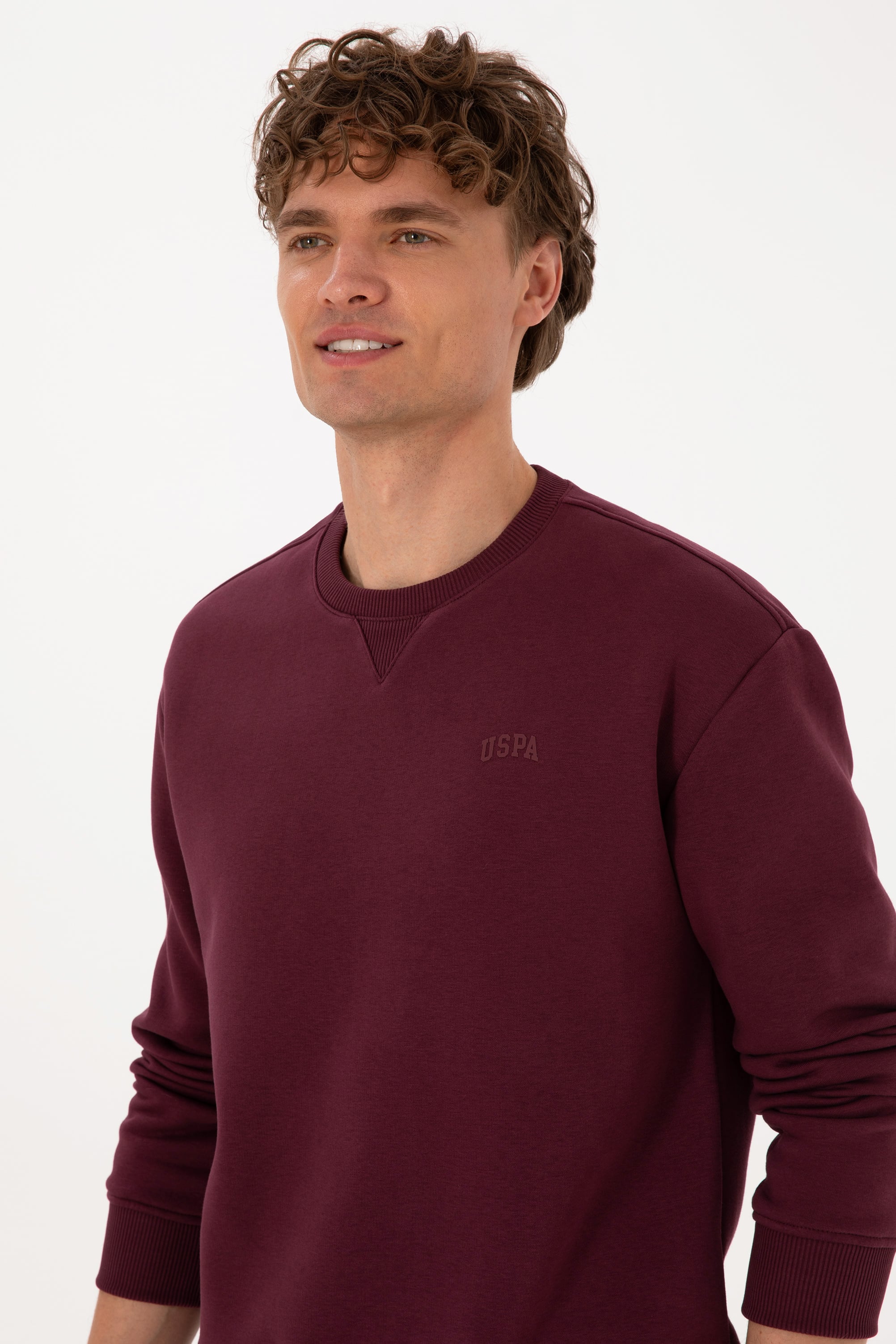 Erkek Comfort Fit Bisiklet Yaka Şardonlu Bordo Basic Sweatshirt - Image 2