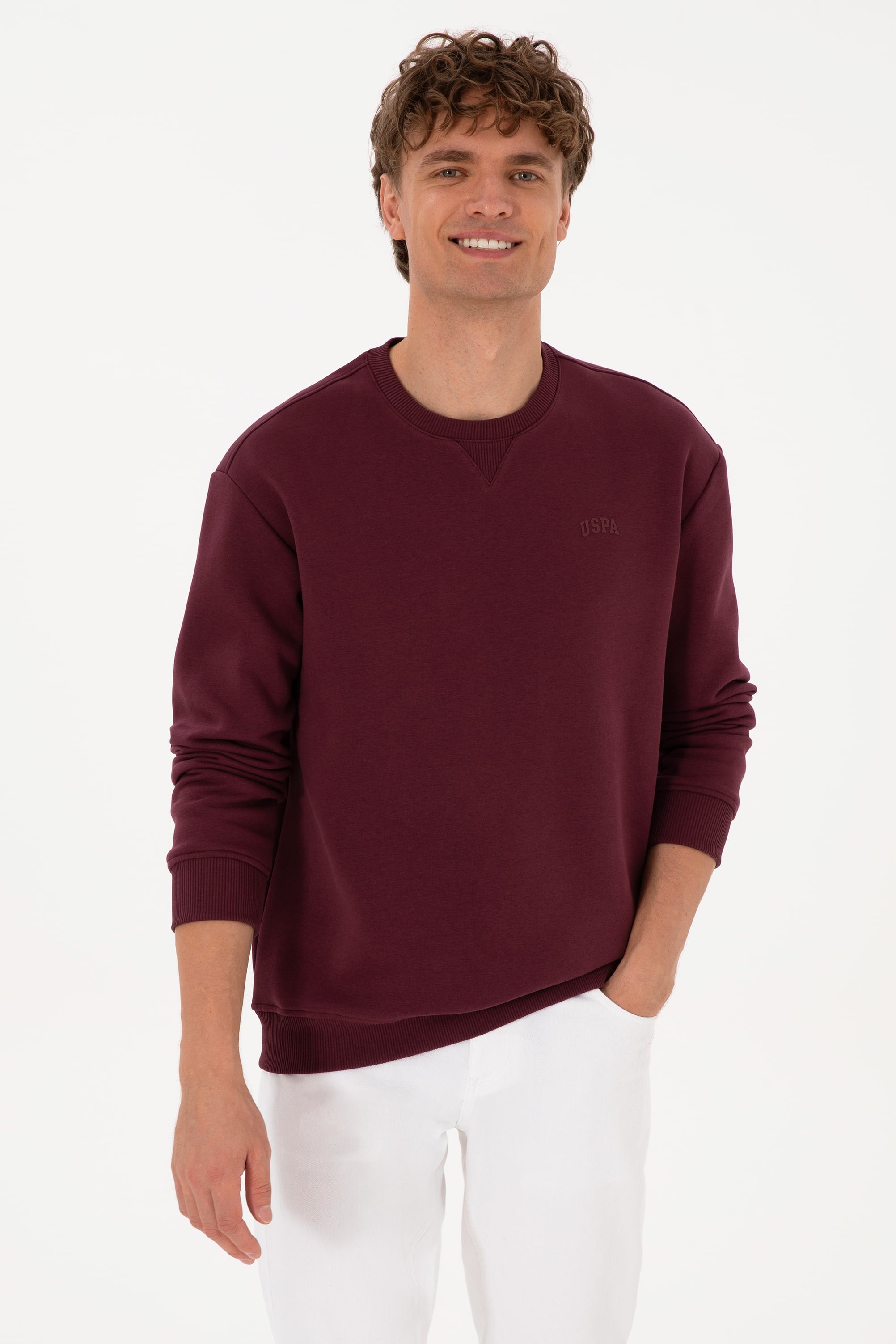 Erkek Comfort Fit Bisiklet Yaka Şardonlu Bordo Basic Sweatshirt - Image 1