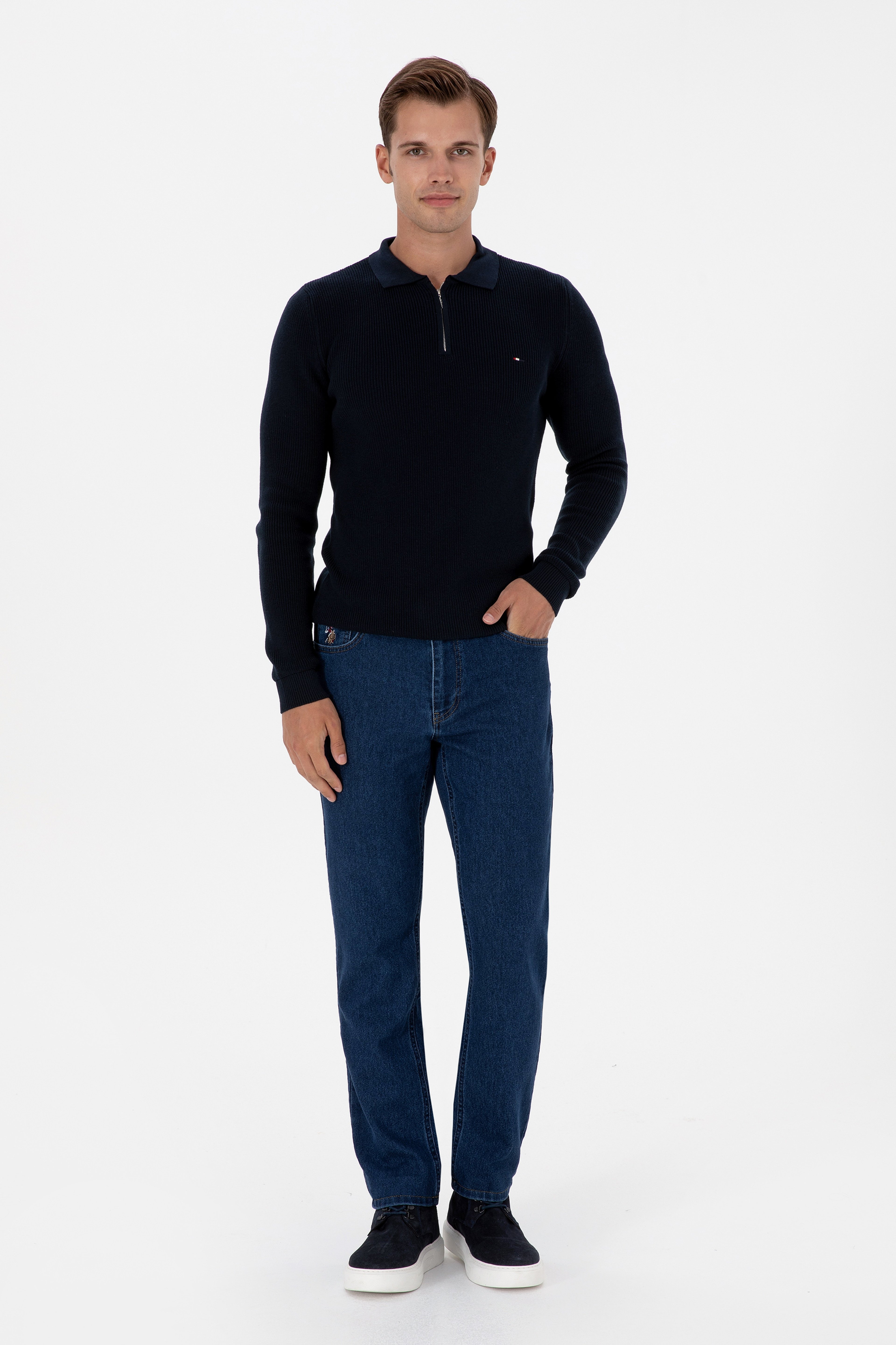 Erkek Regular Fit Yarım Fermuarlı Lacivert Basic Kazak