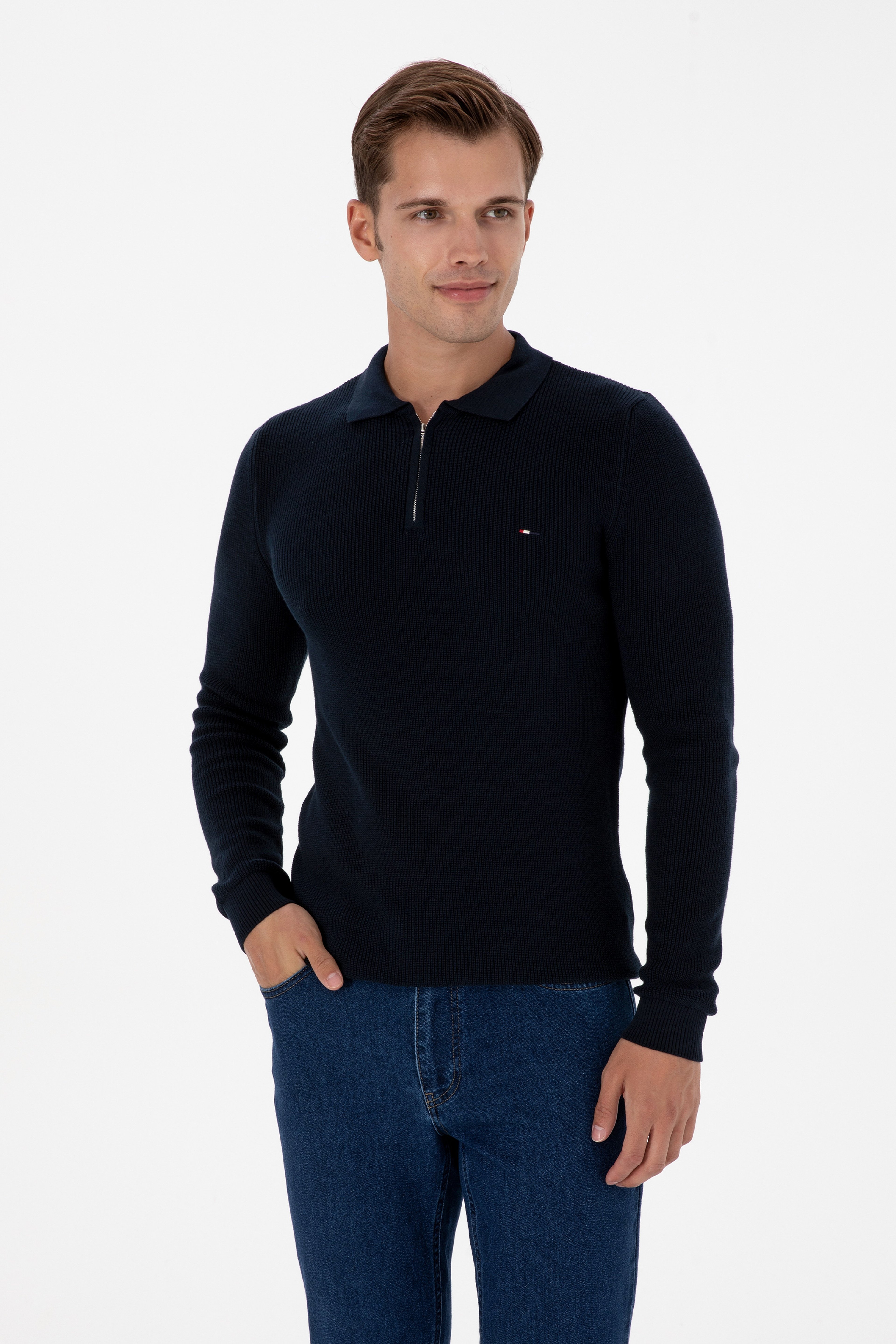 Erkek Regular Fit Yarım Fermuarlı Lacivert Basic Kazak