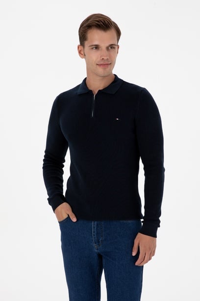 Erkek Regular Fit Yarım Fermuarlı Lacivert Basic Kazak