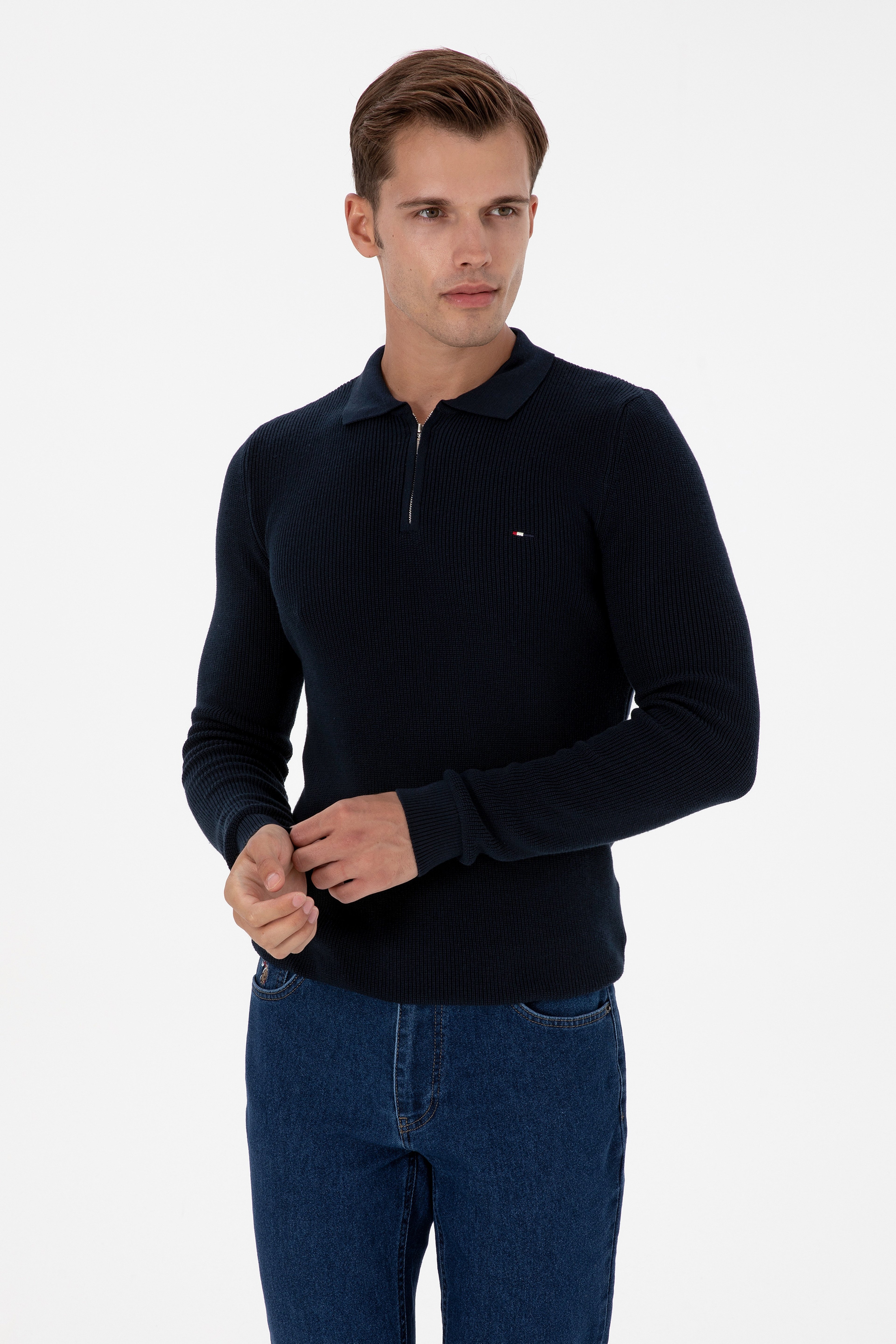 Erkek Regular Fit Yarım Fermuarlı Lacivert Basic Kazak