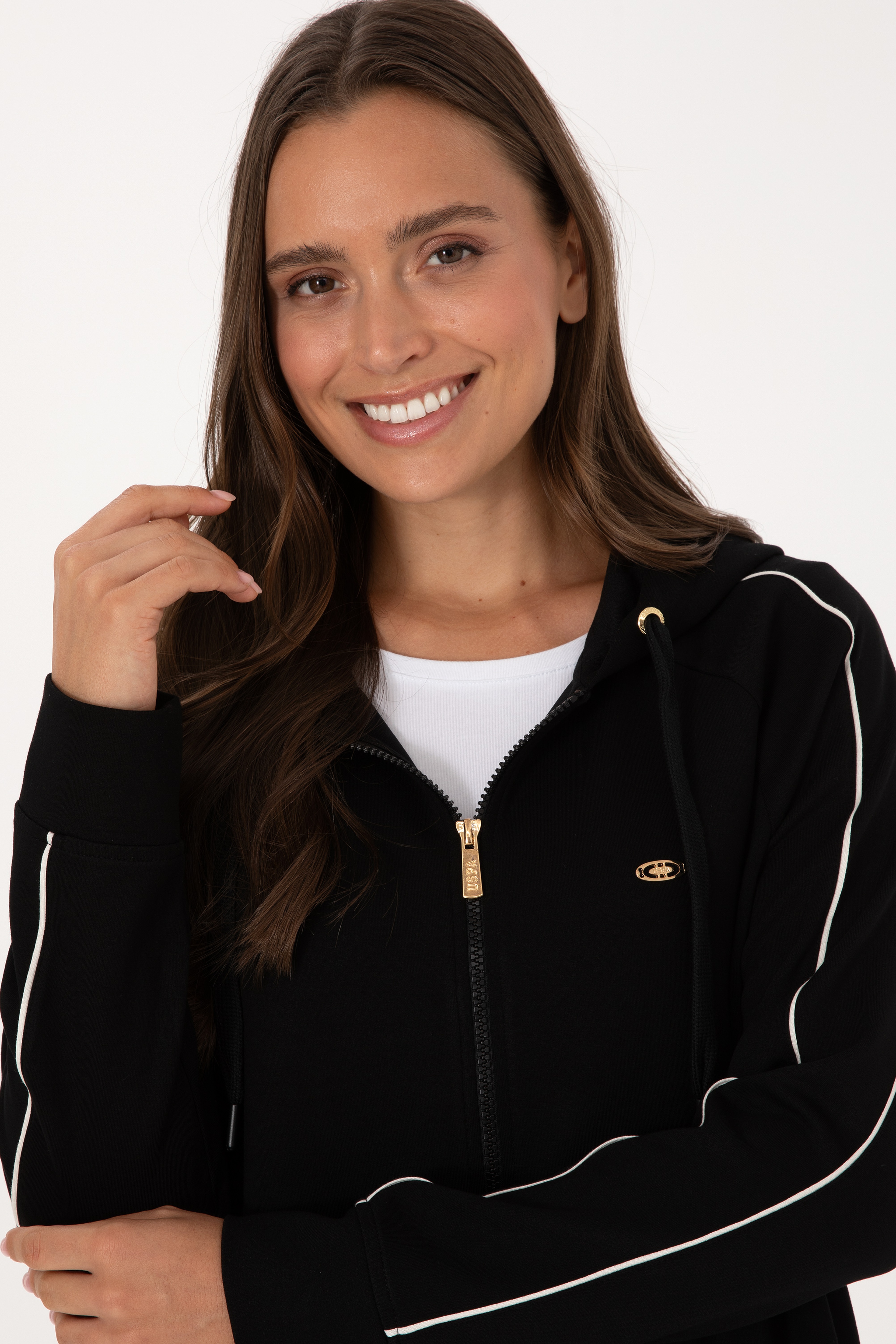 Kadın Siyah Fermuarlı Kapüşonlu sweatshirt - Image 2
