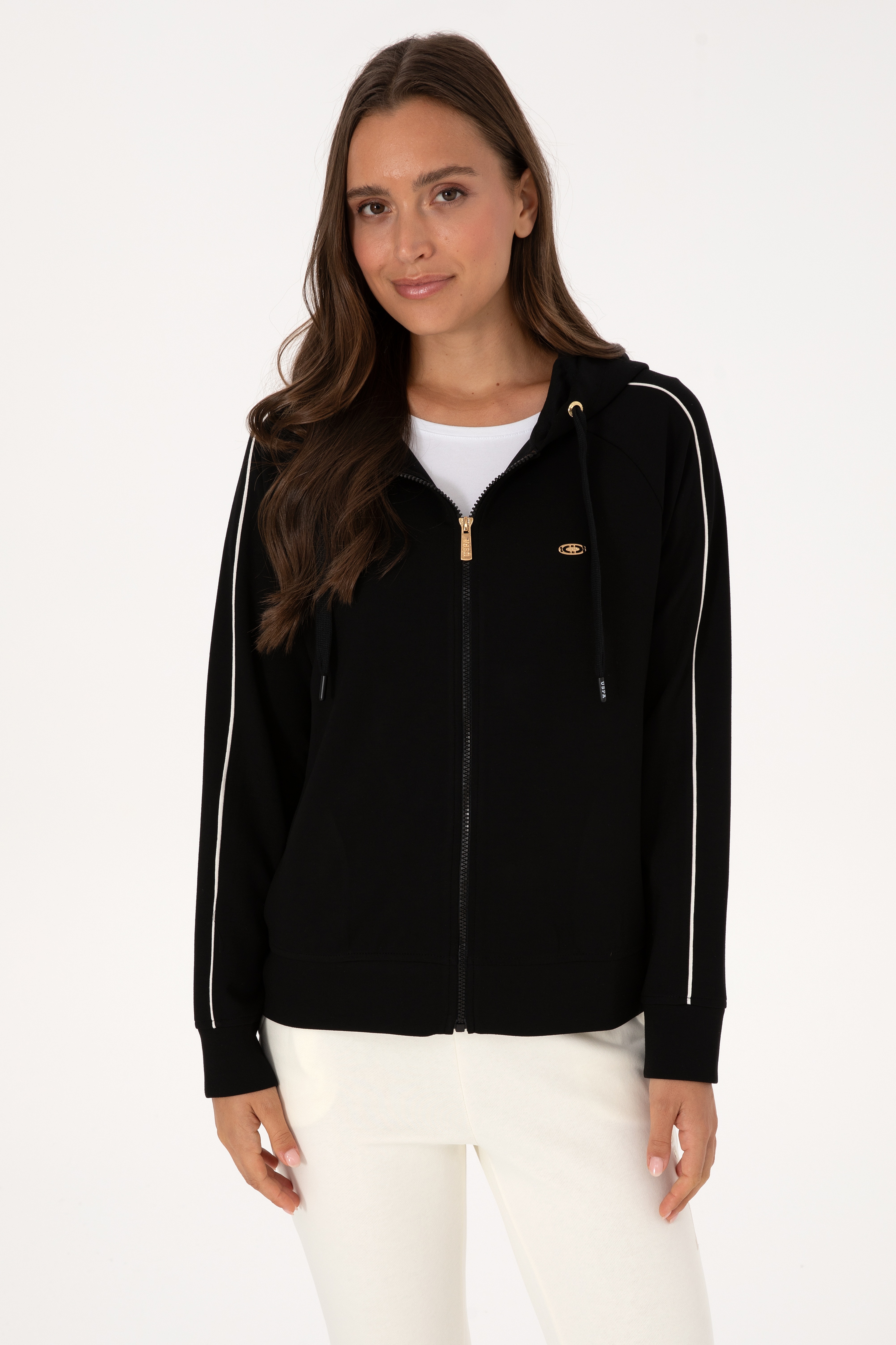 Kadın Siyah Fermuarlı Kapüşonlu sweatshirt - Image 3