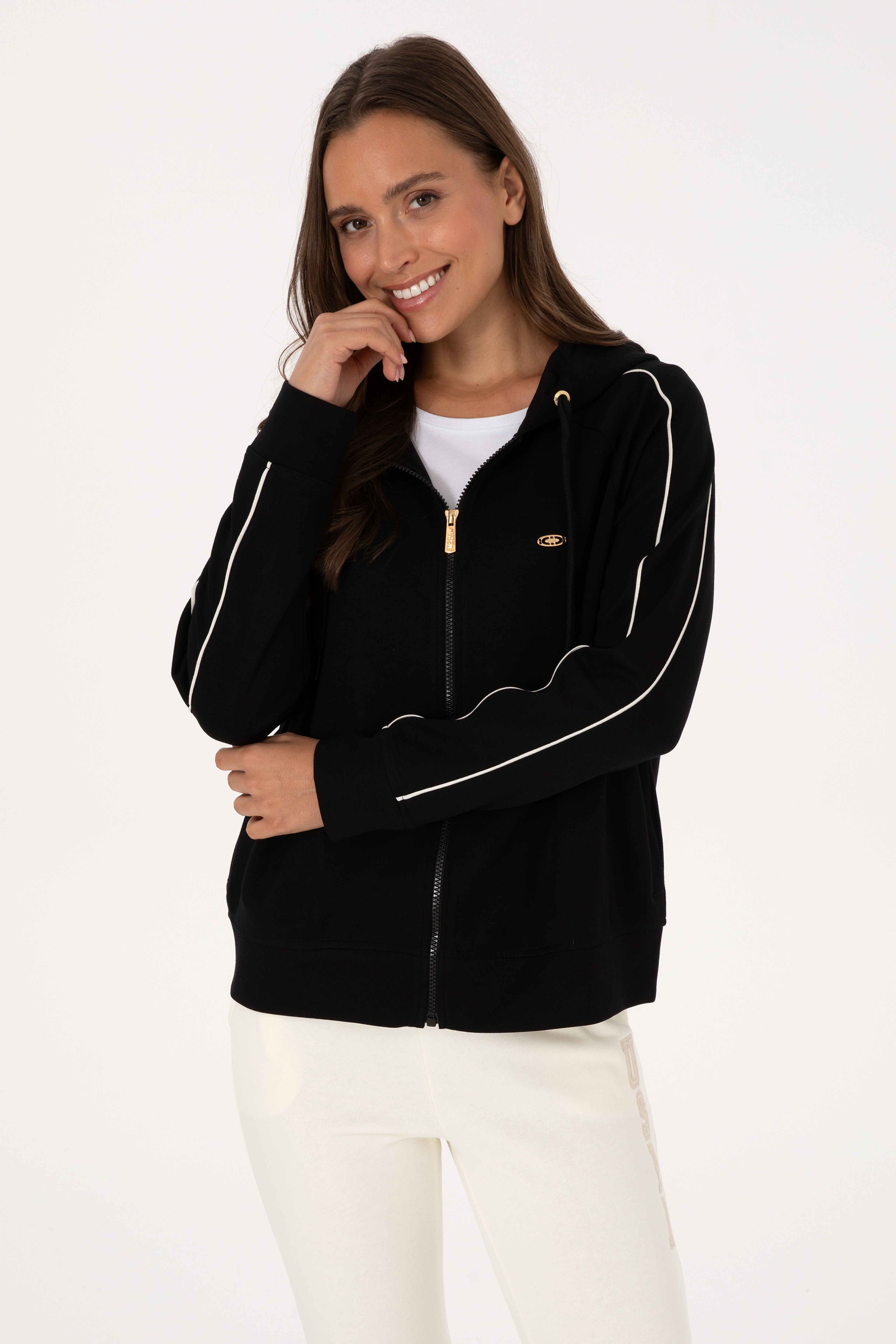 Kadın Siyah Fermuarlı Kapüşonlu sweatshirt - Image 1