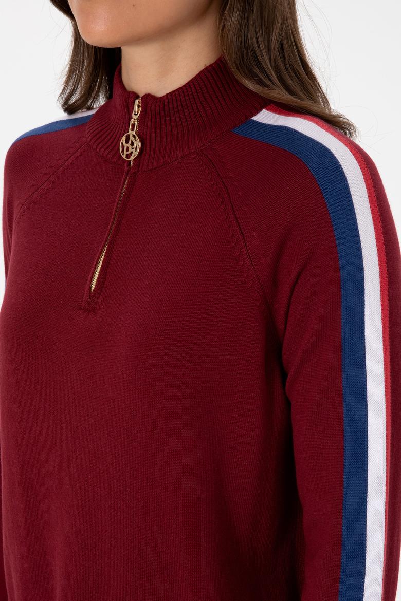 Kadın Bordo V Yaka Fermuarlı Kazak - 50314691001