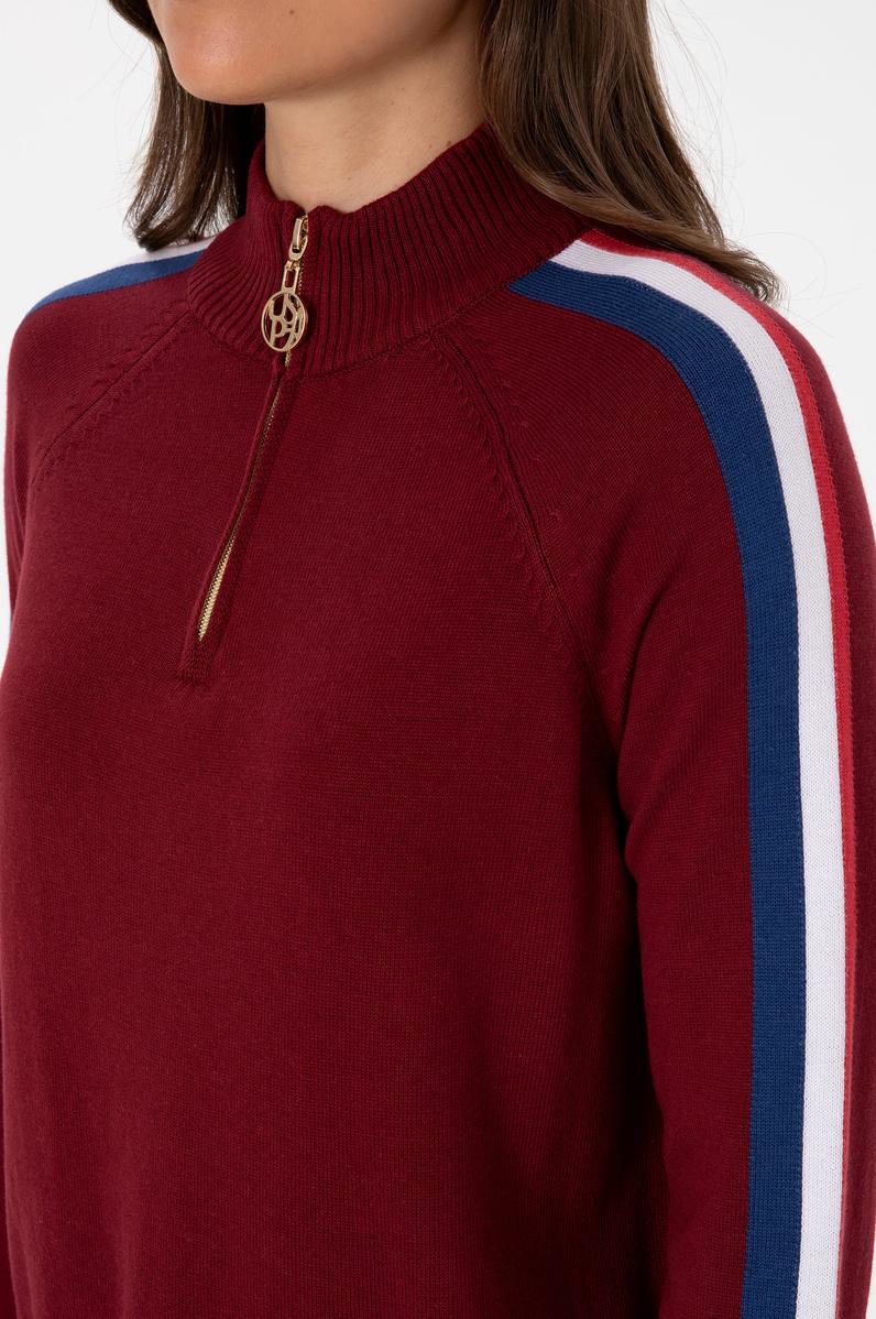 Kadın Bordo V Yaka Fermuarlı Kazak