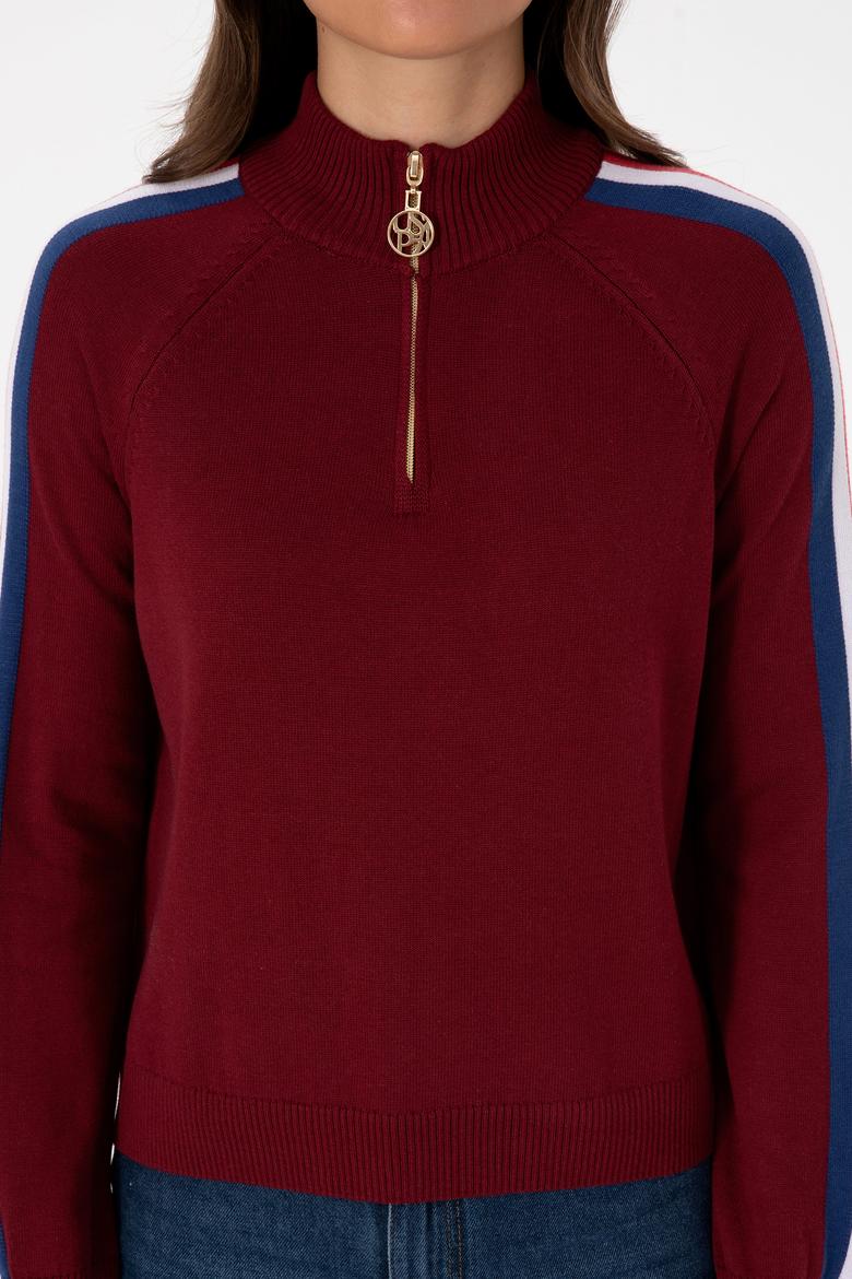 Kadın Bordo V Yaka Fermuarlı Kazak - 50314691001