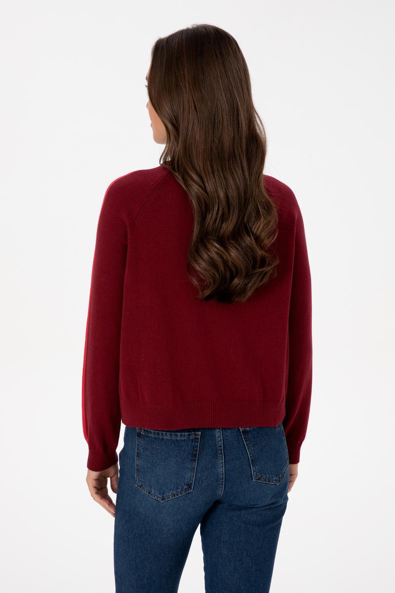 Kadın Bordo V Yaka Fermuarlı Kazak - 50314691001