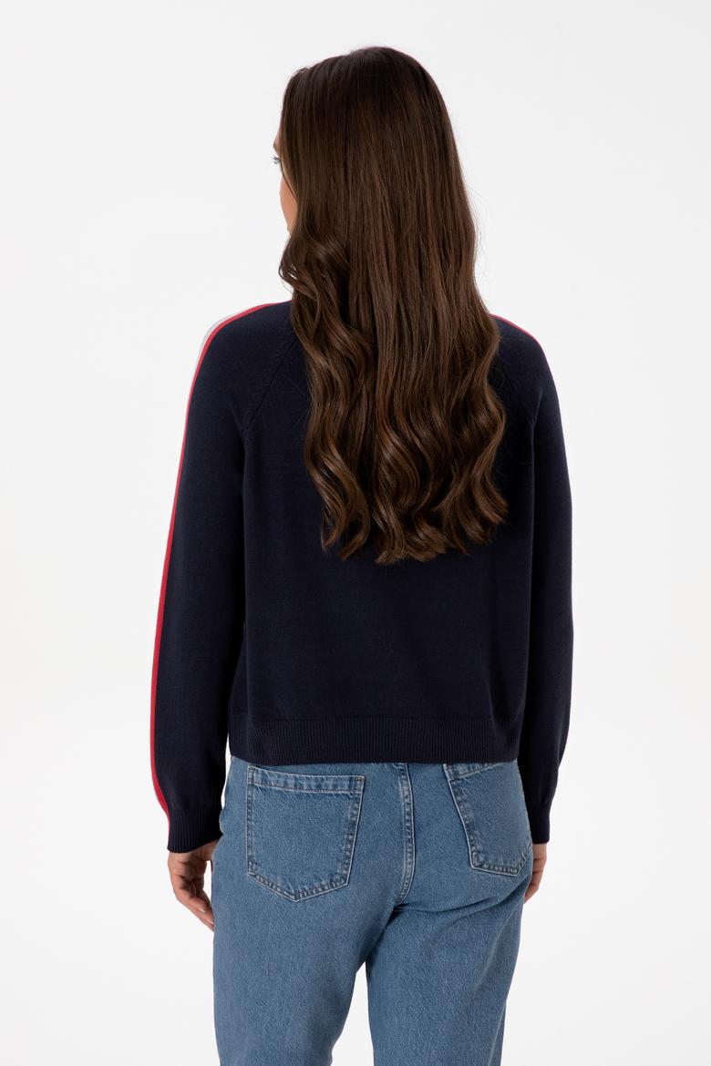 Kadın Lacivert V Yaka Fermuarlı Kazak - 50314691019