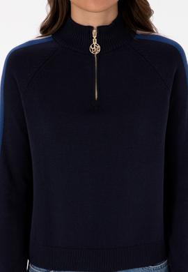 Kadın Lacivert V Yaka Fermuarlı Kazak - 50314691019