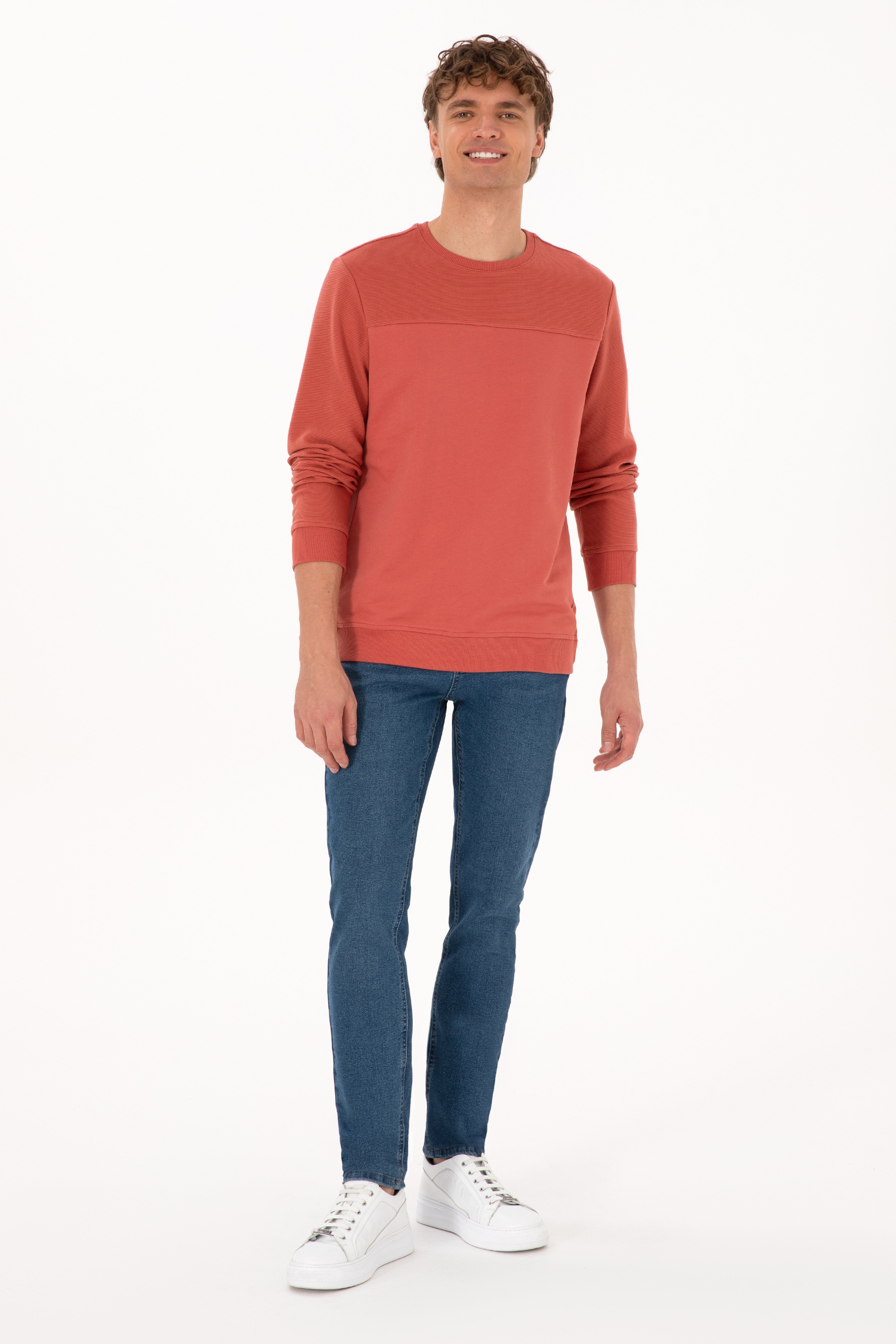 Erkek Regular Fit Bisiklet Yaka Gül Kurusu İnce Sweatshirt