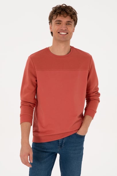 Erkek Regular Fit Bisiklet Yaka Gül Kurusu İnce Sweatshirt