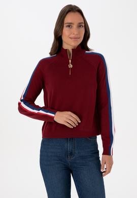 Kadın Bordo V Yaka Fermuarlı Kazak - 50314691001