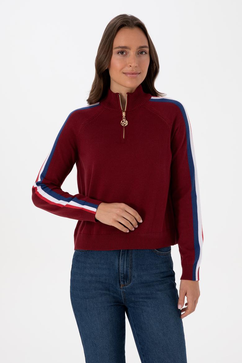 Kadın Bordo V Yaka Fermuarlı Kazak