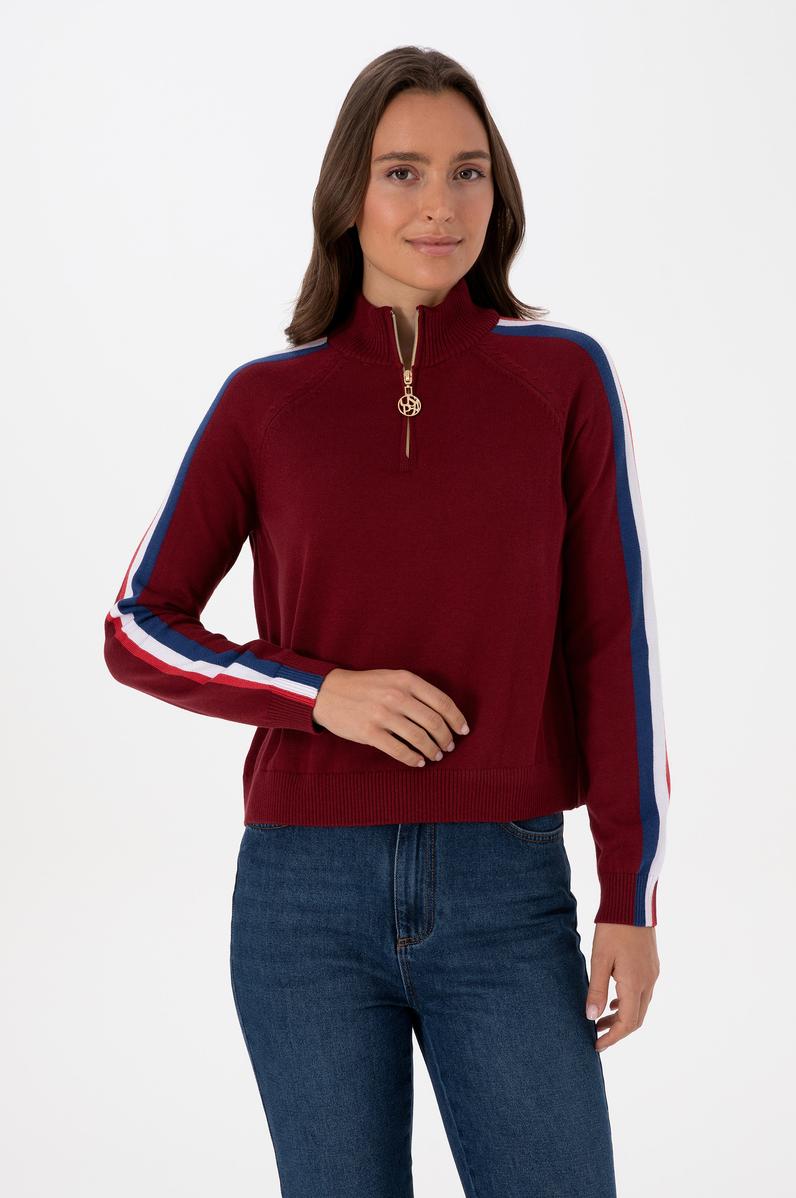 Kadın Bordo V Yaka Fermuarlı Kazak