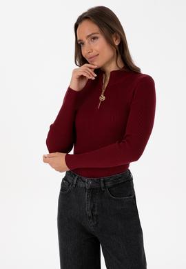 Kadın Bordo V Yaka Fermuarlı Kazak - 50316869006