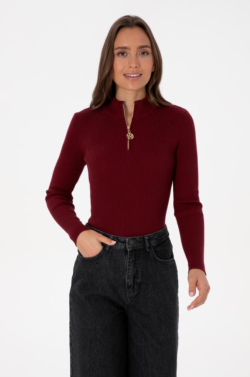 Kadın Bordo V Yaka Fermuarlı Kazak