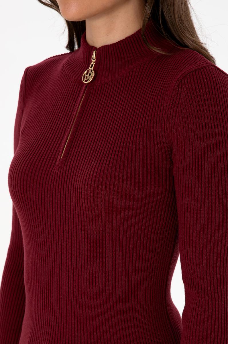 Kadın Bordo V Yaka Fermuarlı Kazak