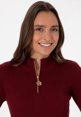 Kadın Bordo V Yaka Fermuarlı Kazak - 50316869006