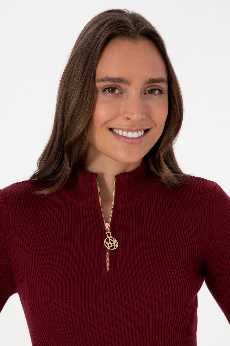 Kadın Bordo V Yaka Fermuarlı Kazak