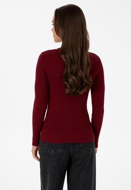 Kadın Bordo V Yaka Fermuarlı Kazak - 50316869006